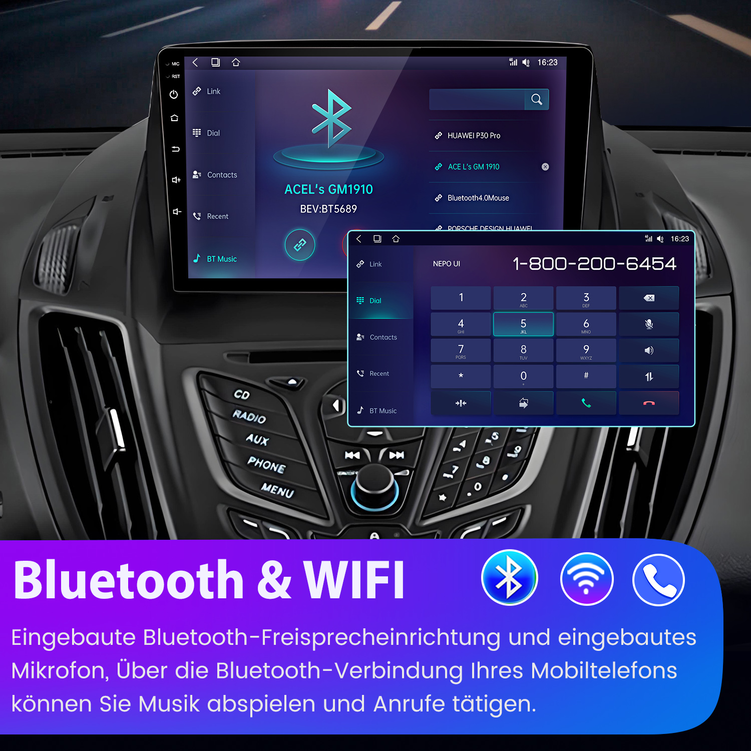 Armaturenbrett mit großem Bildschirm, der Einstellungen und einen Wählapparat anzeigt. Bluetooth- & WiFi-Symbole.