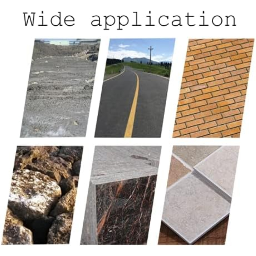 Eine Collage von sechs Bildern verschiedener Oberflächen: Asphaltstraße, Ziegelmauer, Felsen, Beton und Fliesen.