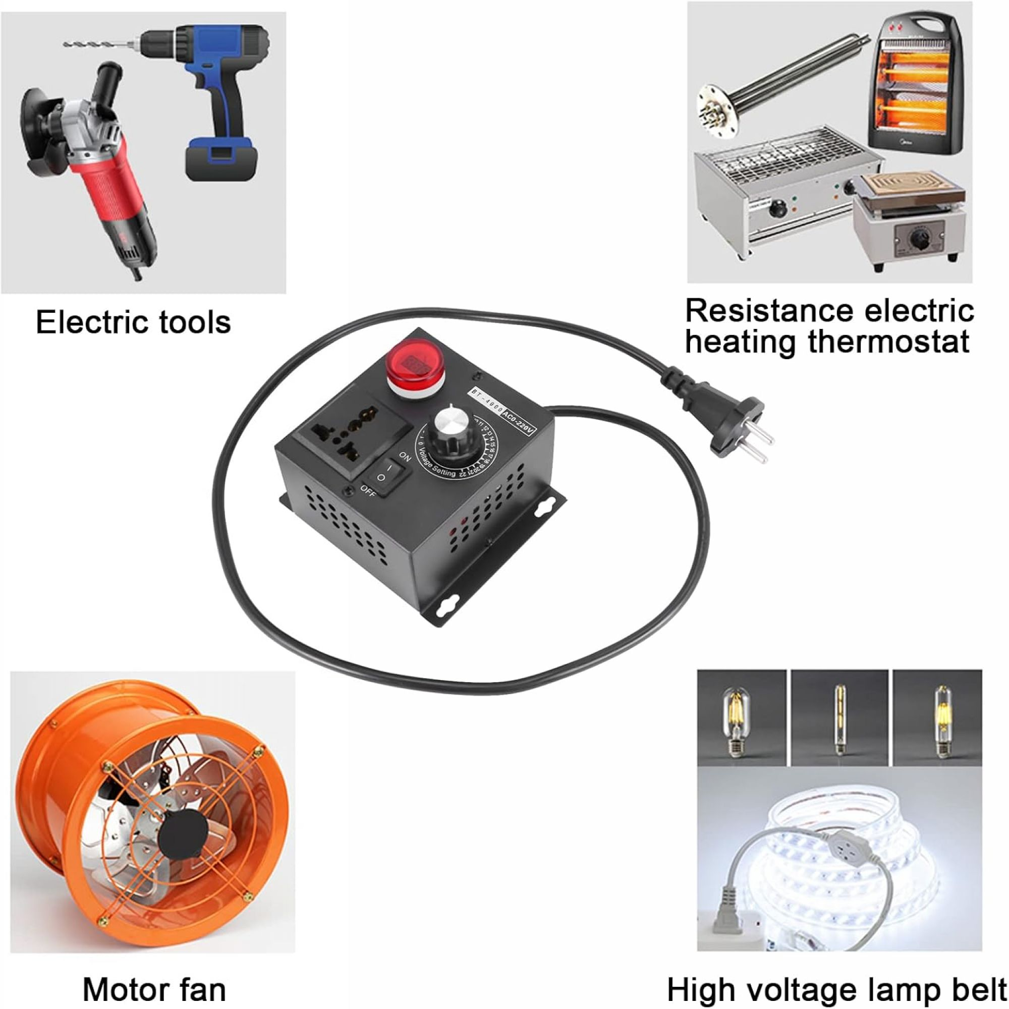 Verschiedene Werkzeuge und Geräte, darunter Schleifer, Bohrmaschine, Motorlüfter und elektrische Steuereinheit.