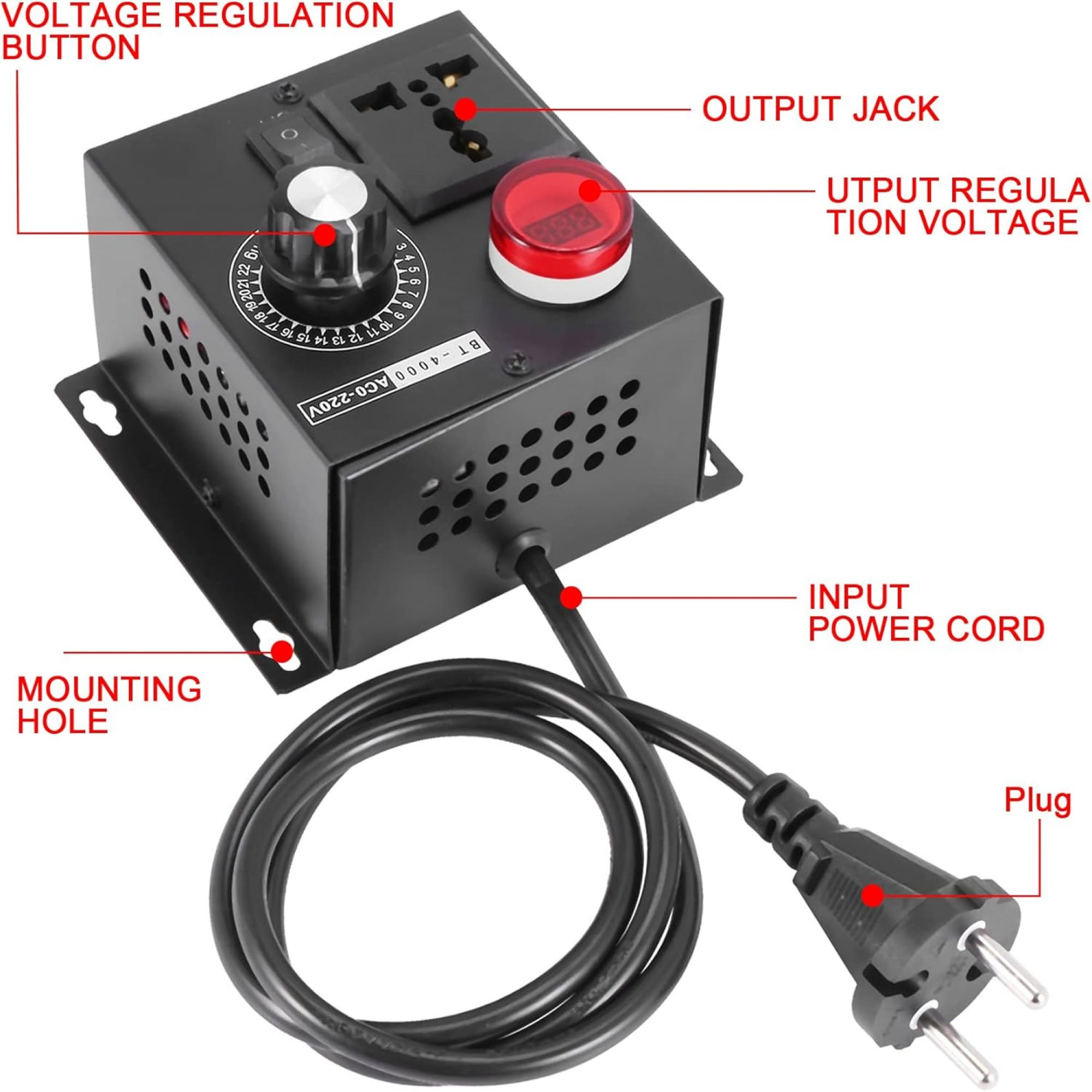 Eine schwarze Steuerbox mit rotem Licht und einem Drehregler. Sie hat ein Netzkabel und ist mit verschiedenen Teilen beschriftet.