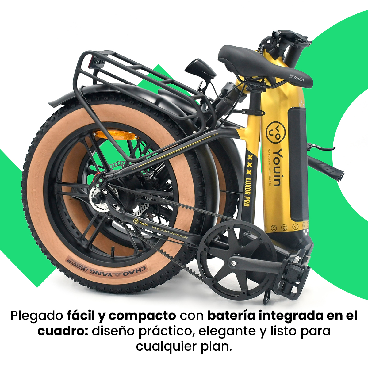 Una bicicleta eléctrica plegada con marco amarillo y neumáticos negros. El texto indica fácil plegado.