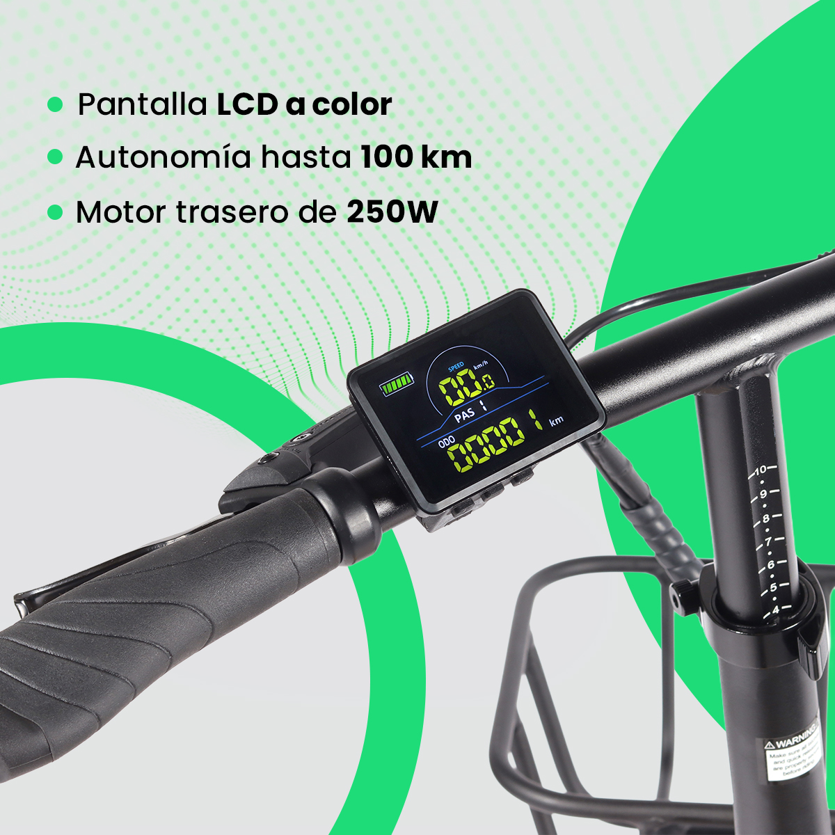 Primer plano de la pantalla de una bicicleta eléctrica que muestra velocidad, distancia y nivel de batería.