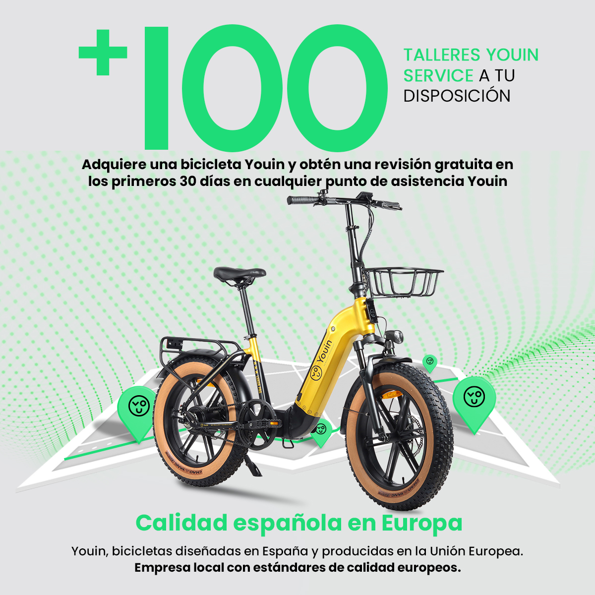 Una bicicleta eléctrica con cuadro amarillo y neumáticos negros. El fondo muestra un mapa con marcadores.