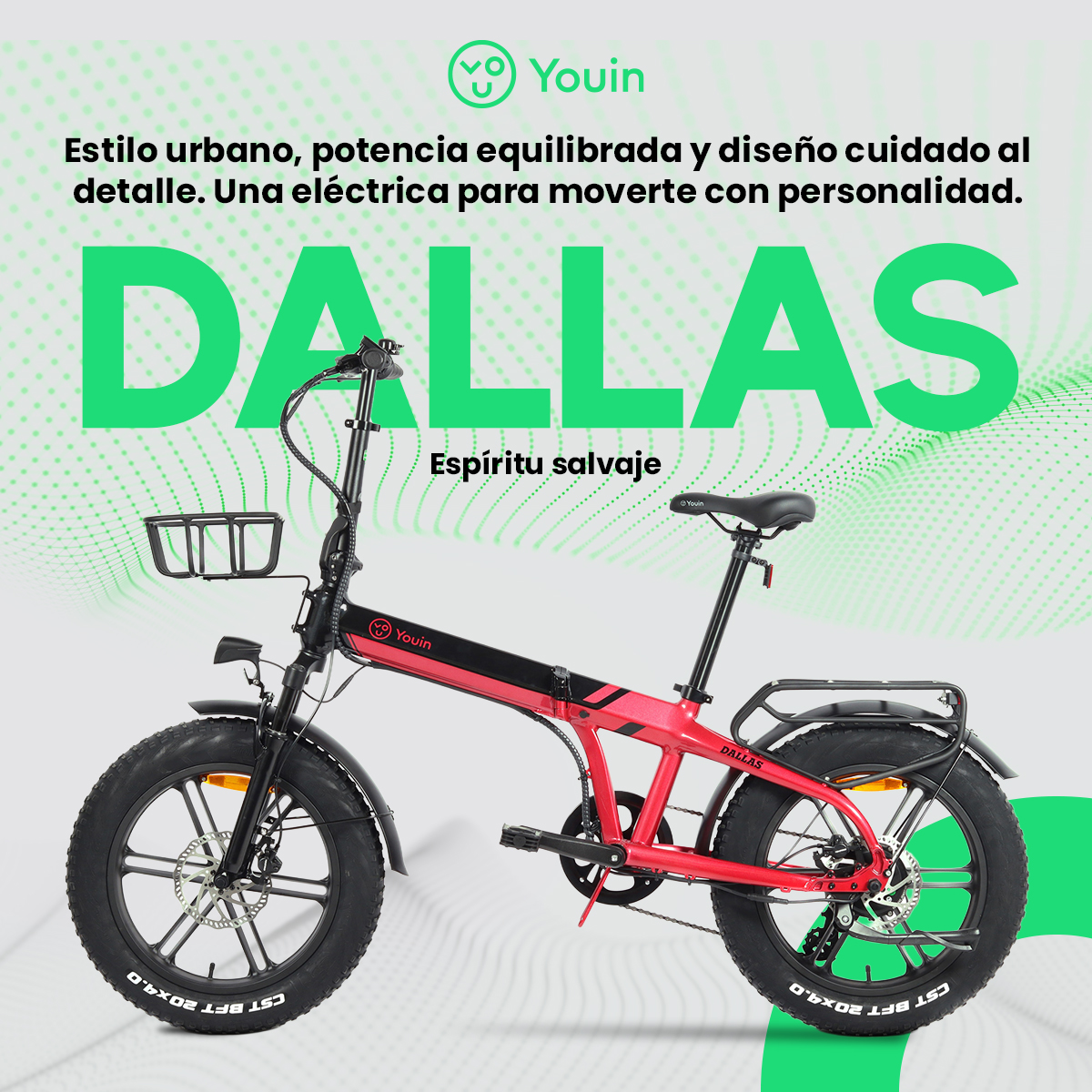 Una bicicleta eléctrica con cuadro rojo, neumáticos negros y la palabra 'DALLAS' en el cuadro.
