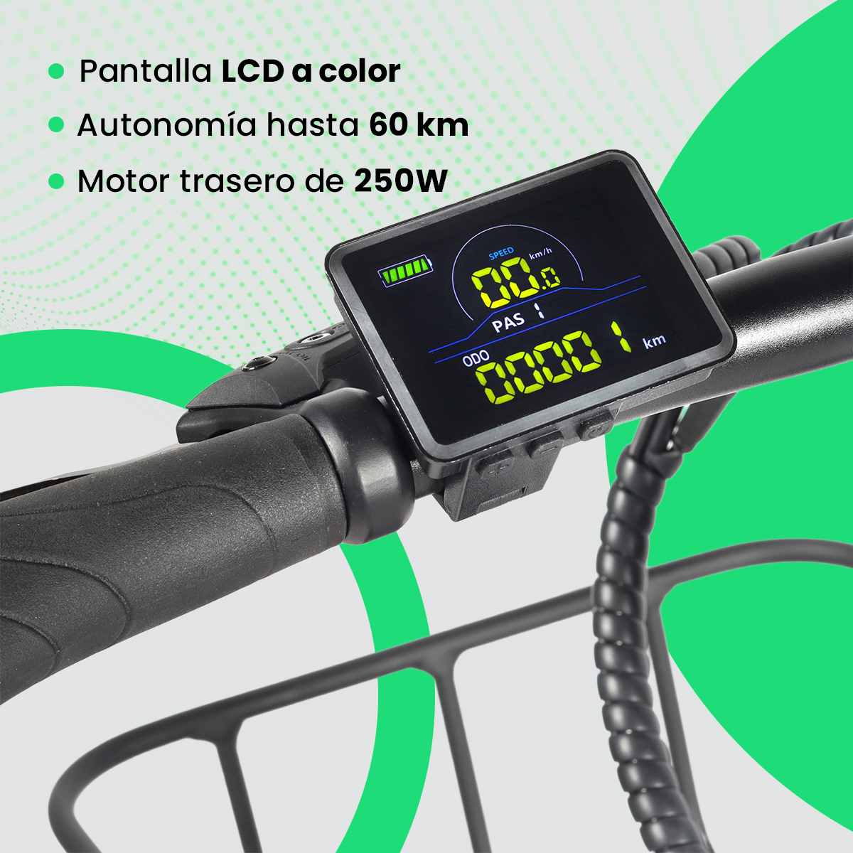 Primer plano de la pantalla de una bicicleta eléctrica que muestra velocidad, distancia y nivel de batería.
