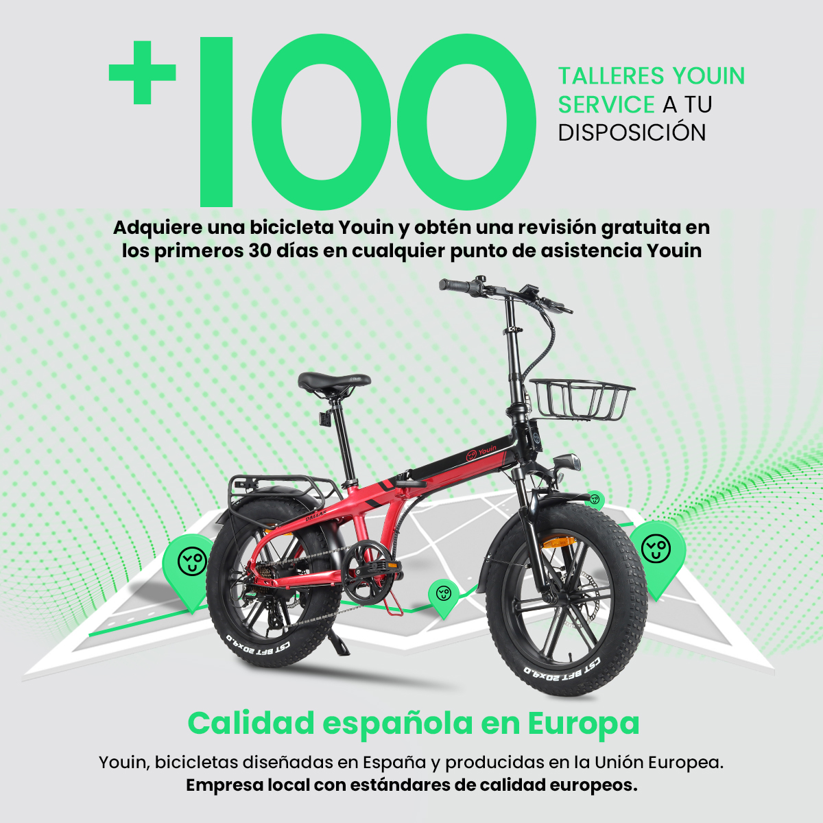 Una bicicleta eléctrica con cuadro amarillo. Texto indica +100 centros de servicio y 'Calidad española en Europa'.
