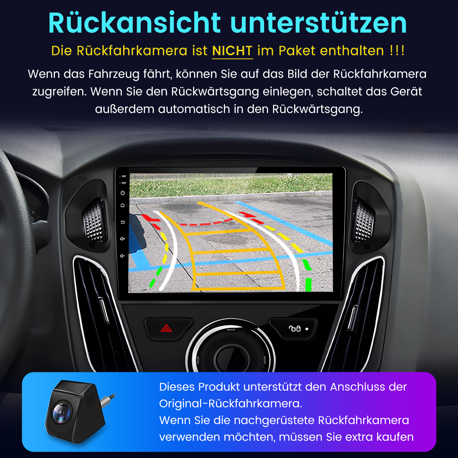 Armaturenbrett mit Bildschirm, der eine Rückfahrkameransicht zeigt, plus einer externen Kamera.