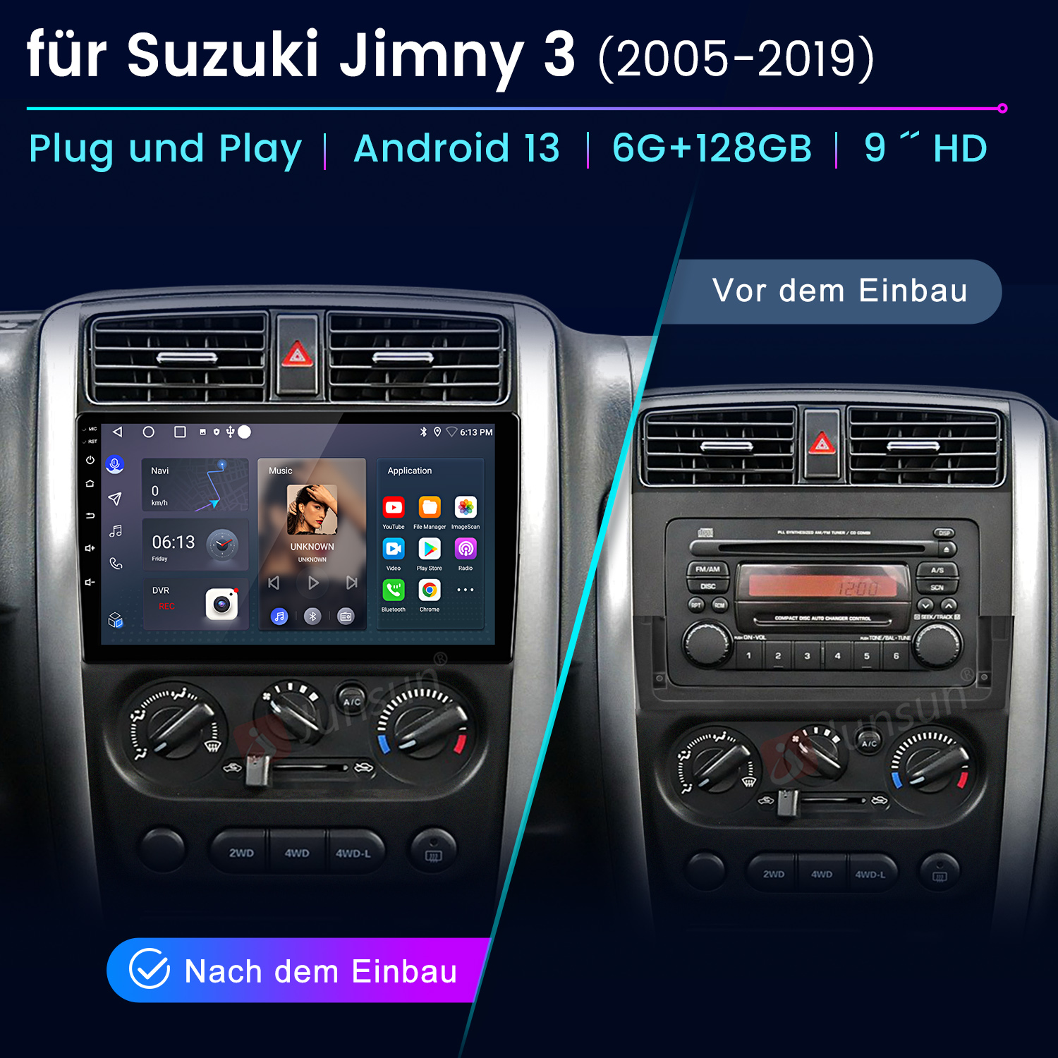 Armaturenbrett mit Bildschirm, zeigt Musik, Navigation und Steuerung, mit deutschem Text.