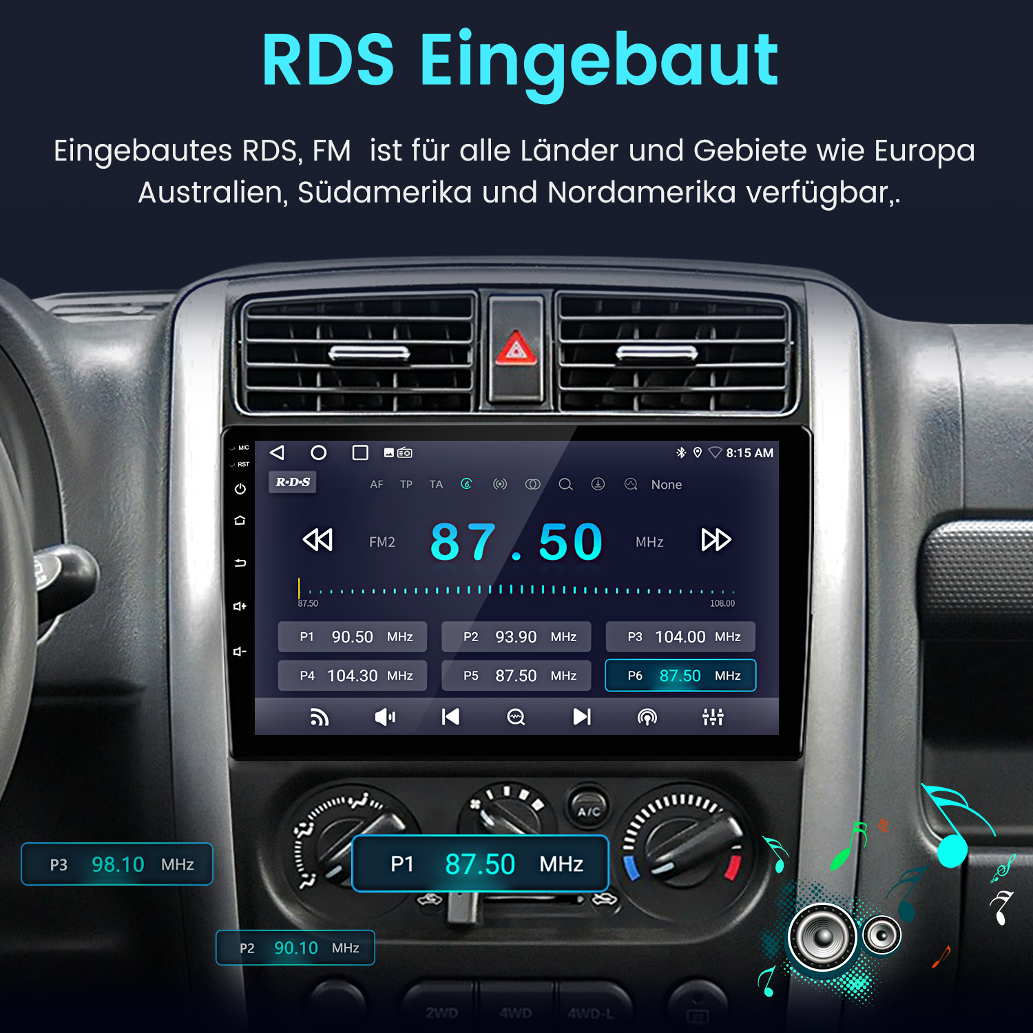 Armaturenbrett-Bildschirm mit Radio-Oberfläche mit RDS, mit deutschem Text.