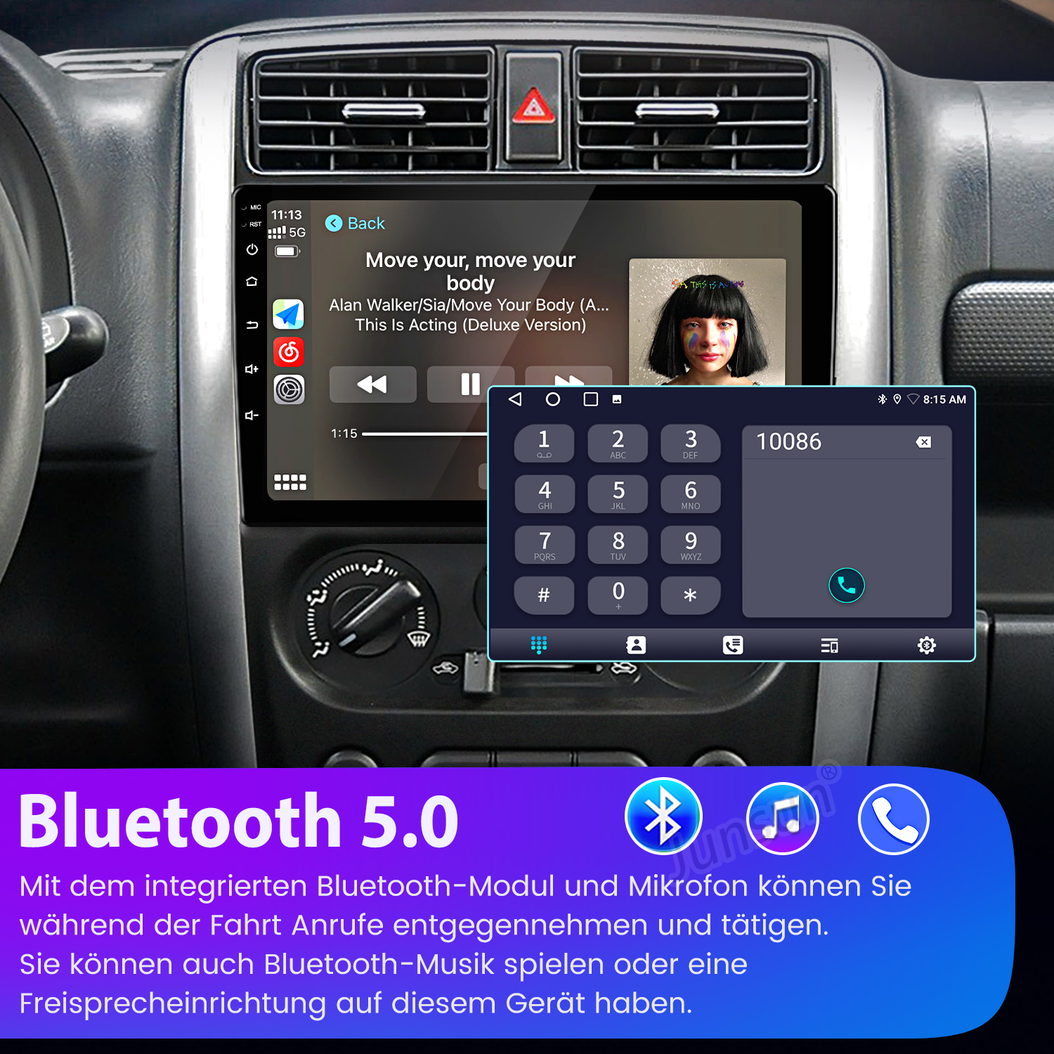 Armaturenbrett zeigt Bluetooth 5.0 Verbindung und Telefon-Oberfläche, mit deutschem Text.