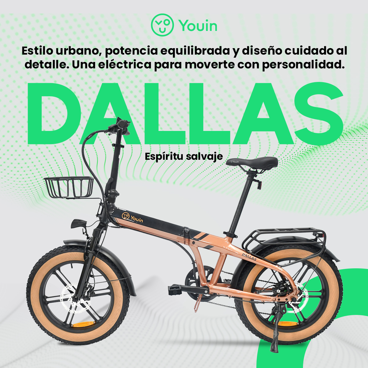Una bicicleta eléctrica con cuadro marrón y neumáticos gruesos, con la palabra 'DALLAS' en el cuadro.