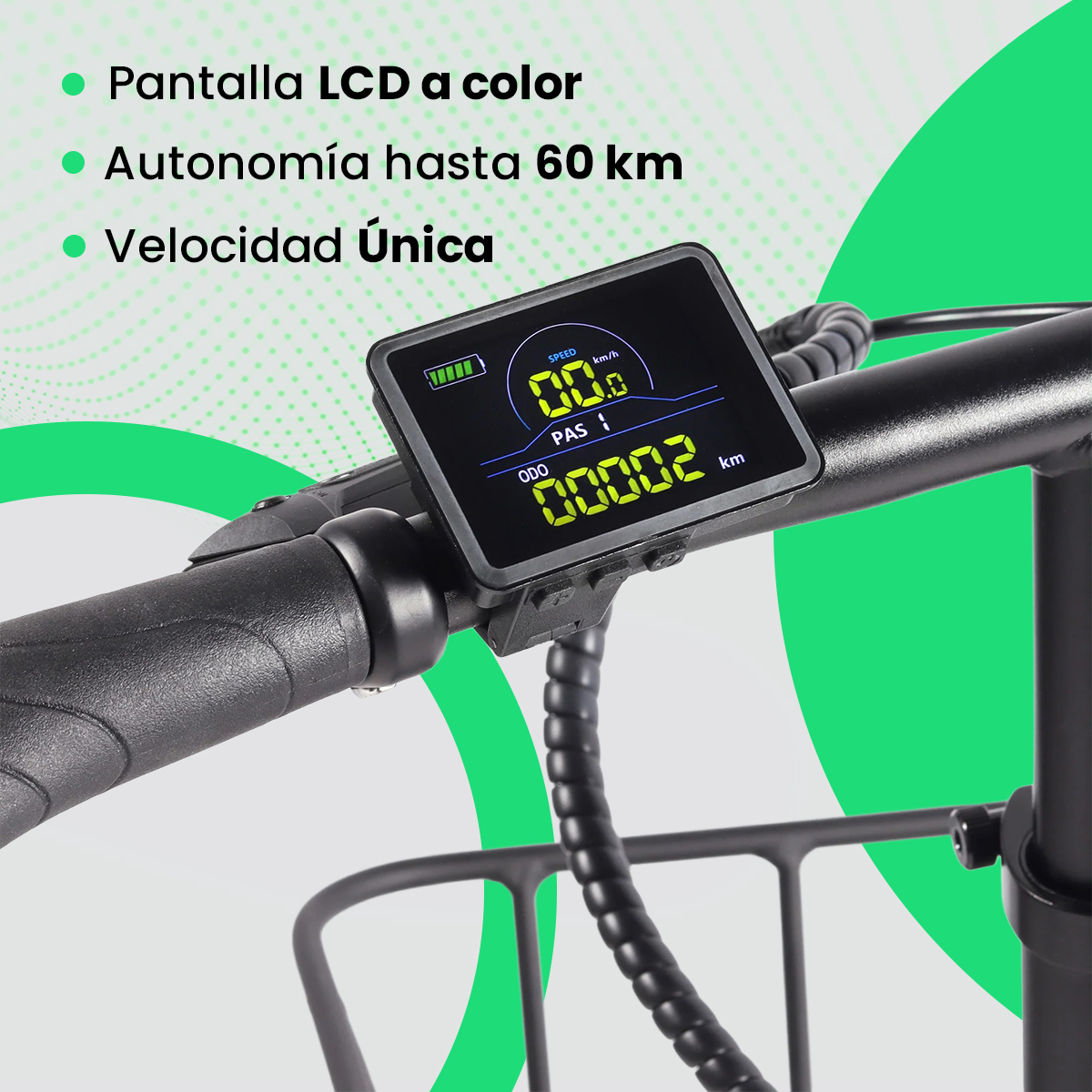 Primer plano de la pantalla de una bicicleta eléctrica, mostrando velocidad, duración de la batería y distancia recorrida.