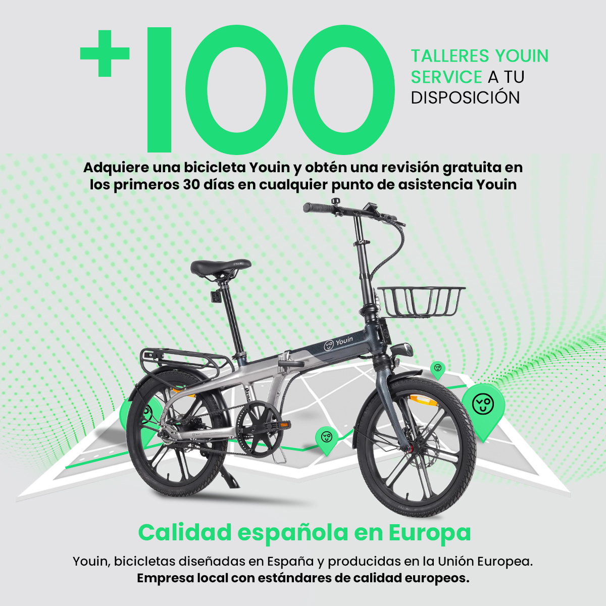 Una bicicleta eléctrica con fondo verde y texto, más un gráfico '+100' y pines de ubicación.