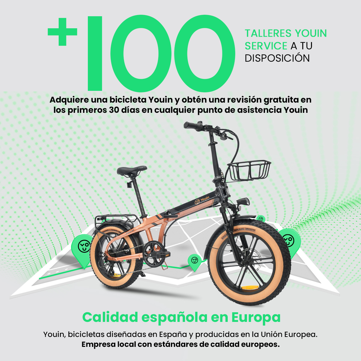 Una bicicleta eléctrica con fondo verde y texto, más un gráfico '+100' y pines de ubicación.