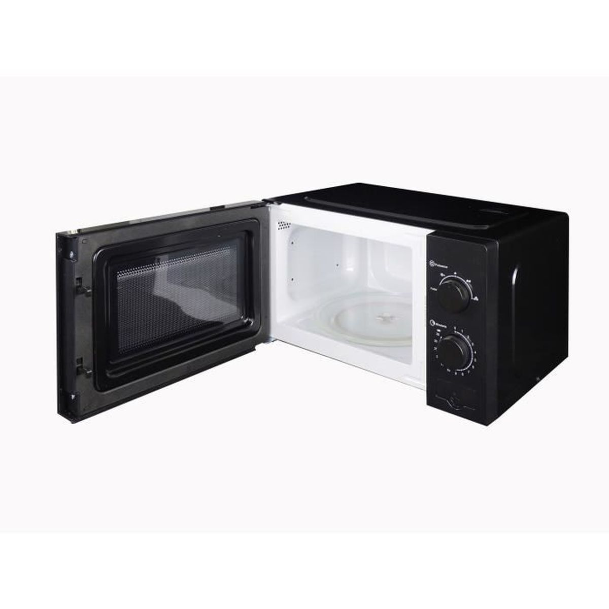 Een magnetron met de deur open, met het interieur en de bediening.