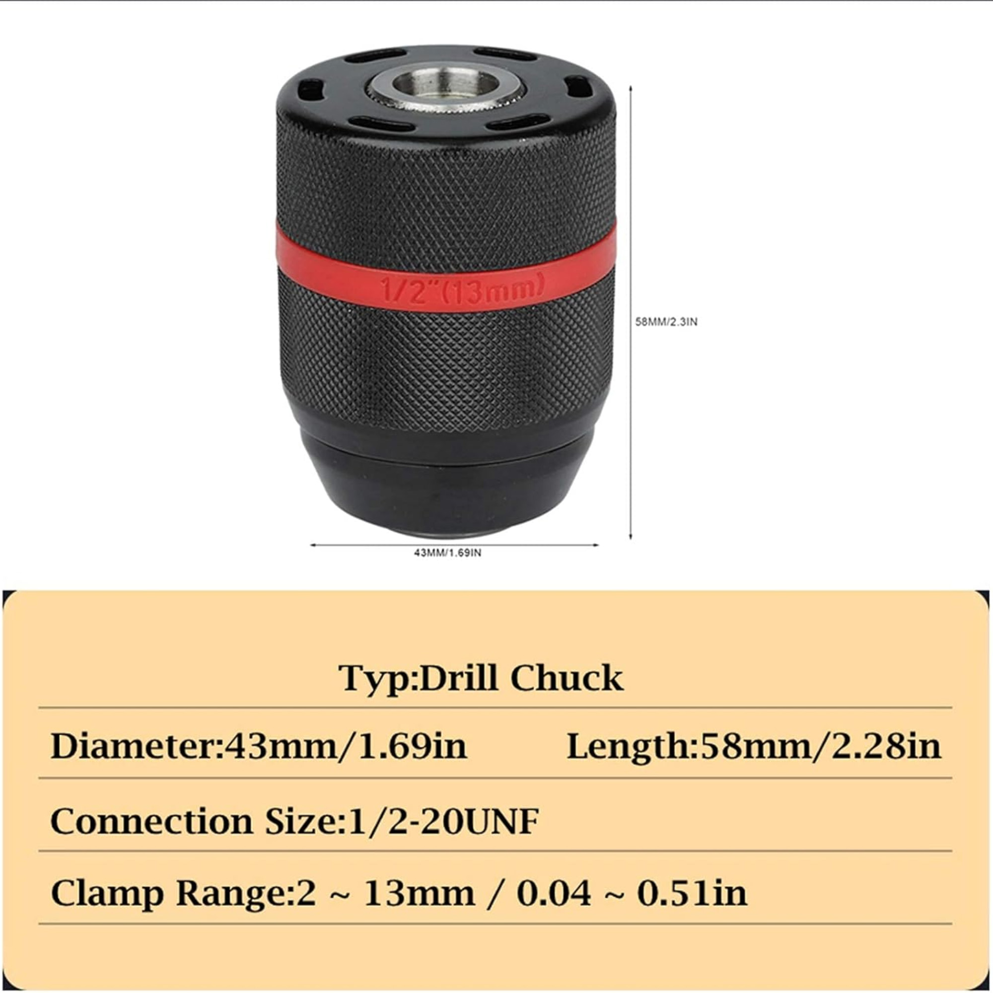 Ein Bohrfutter mit rotem Band und Text, mit Abmessungen und Spezifikationsdetails.