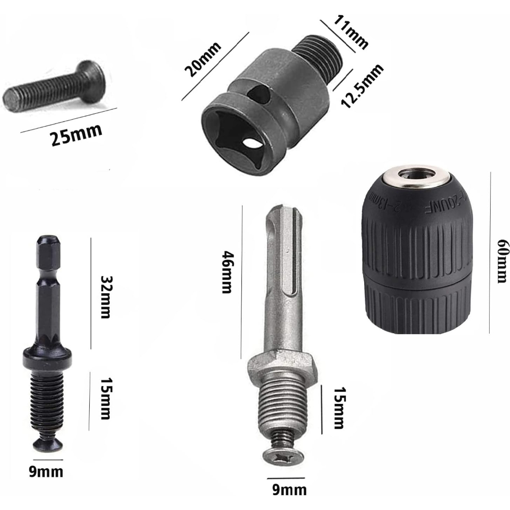 Verschiedene Bohrerkomponenten mit Maßen. Enthält eine Schraube, einen Adapter, Bohrer und ein Futter.