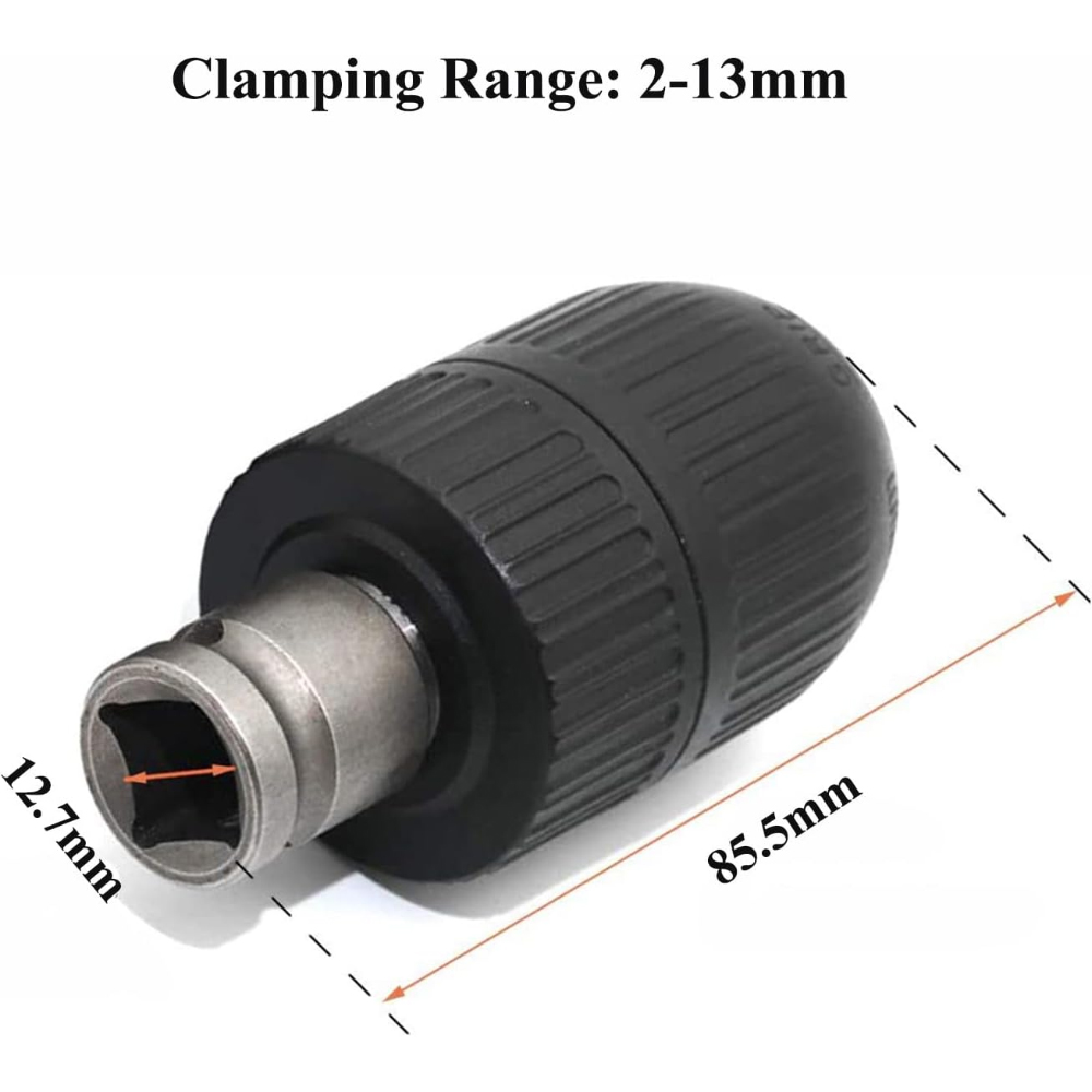 Nahaufnahme eines Bohrfutters mit Maßen: 12,7 mm, 85,5 mm und Klemmbereich: 2-13 mm.