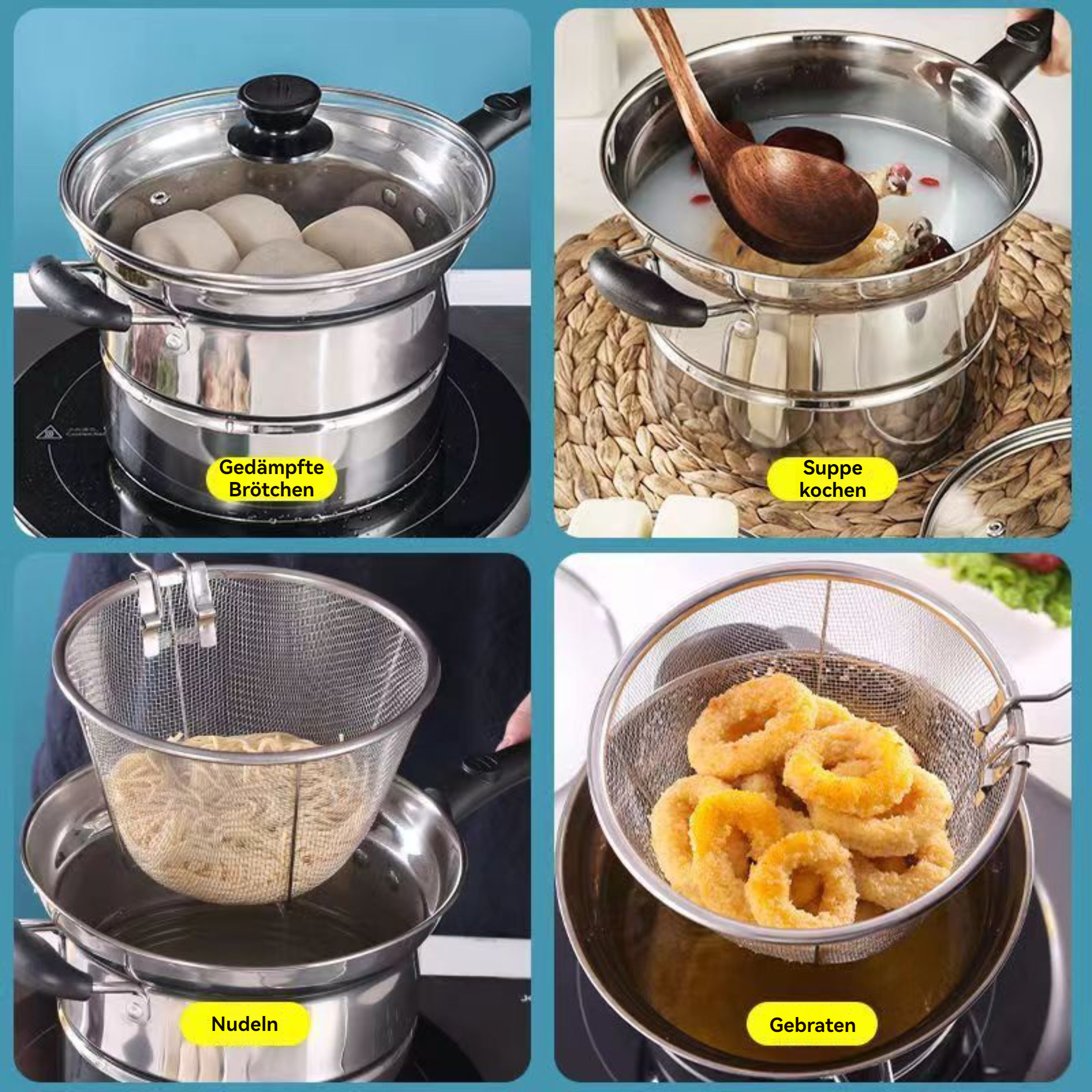 Eine Collage von Edelstahl-Töpfen, die zum Kochen verschiedener Lebensmittel, Nudeln und Frittiertem verwendet werden.
