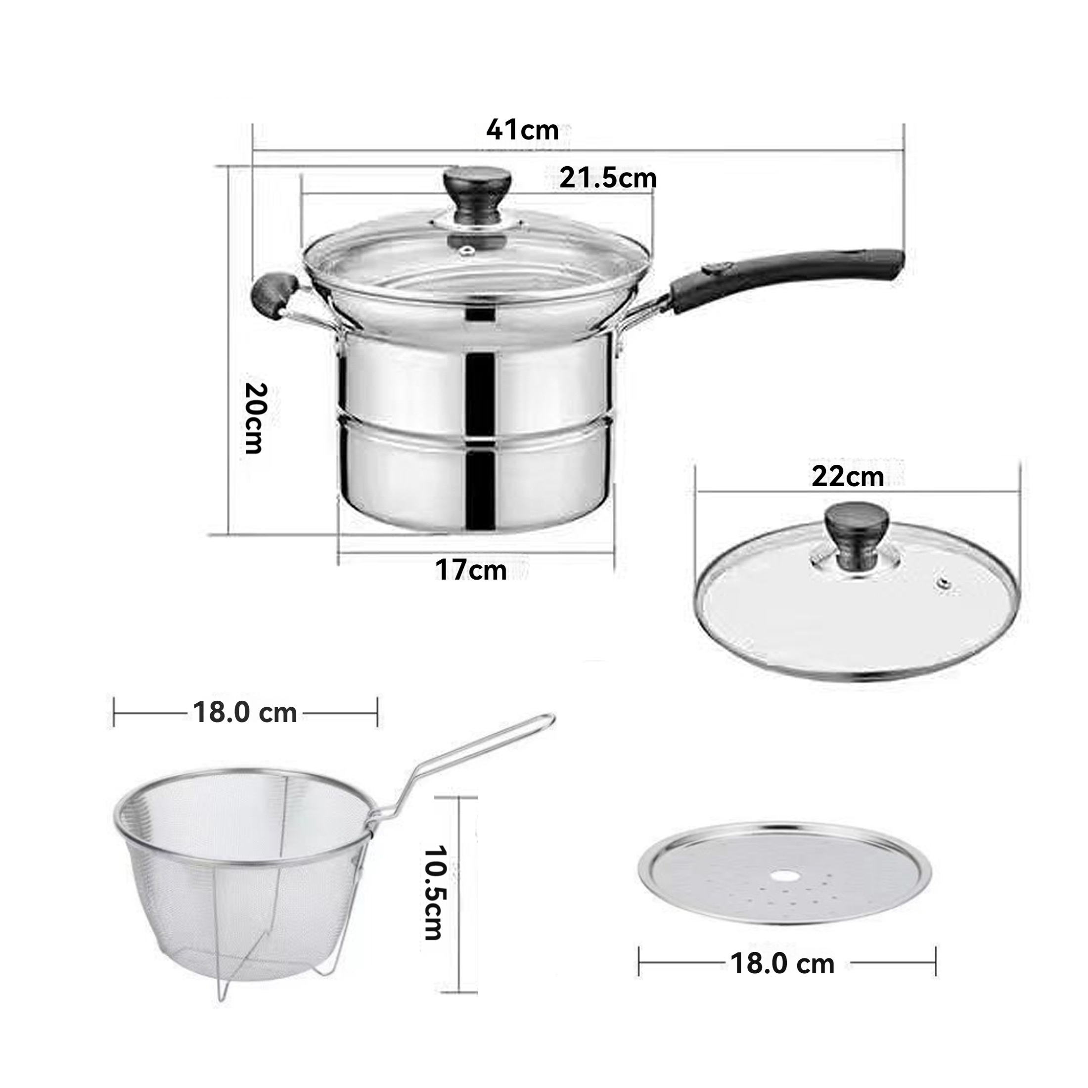Diagramm eines Edelstahl-Kochtopfes mit Maßen und Zubehör. Enthält Deckel und Sieb.