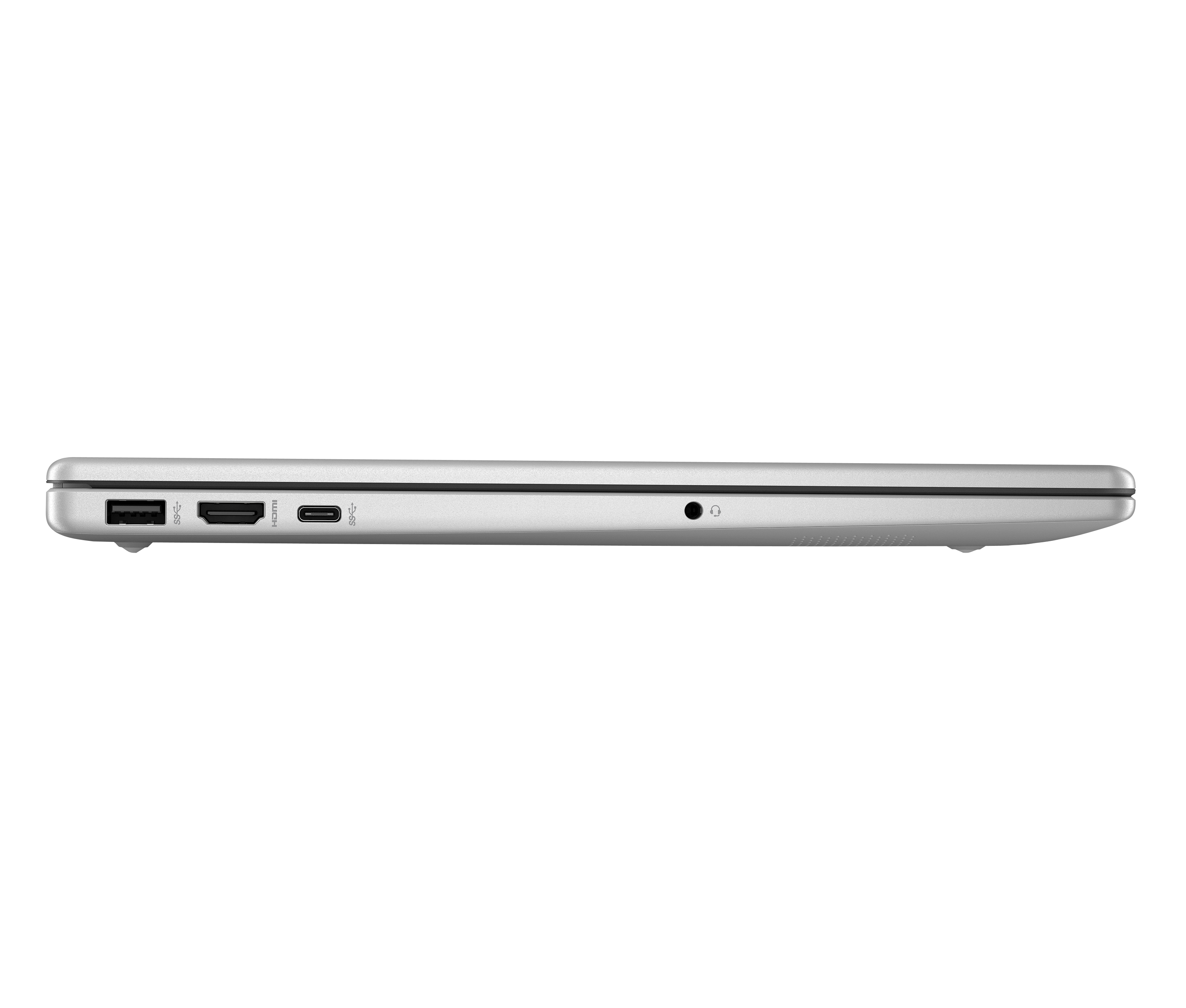 Vista laterale di un laptop argentato con porte sul lato sinistro. Su sfondo bianco. Il laptop è chiuso.