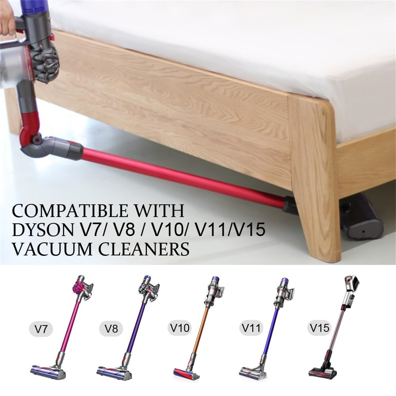 Ein roter und grauer Staubsauger befindet sich unter einem Bett, neben dem Text, der besagt, dass er mit Dyson-Staubsaugern kompatibel ist.