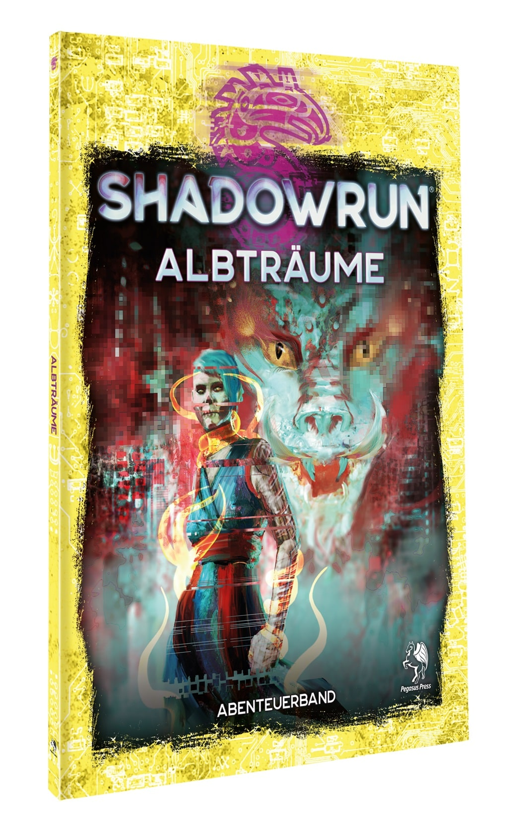 Eine Spielbox mit Frau, Monstergesicht und technischem Hintergrund.