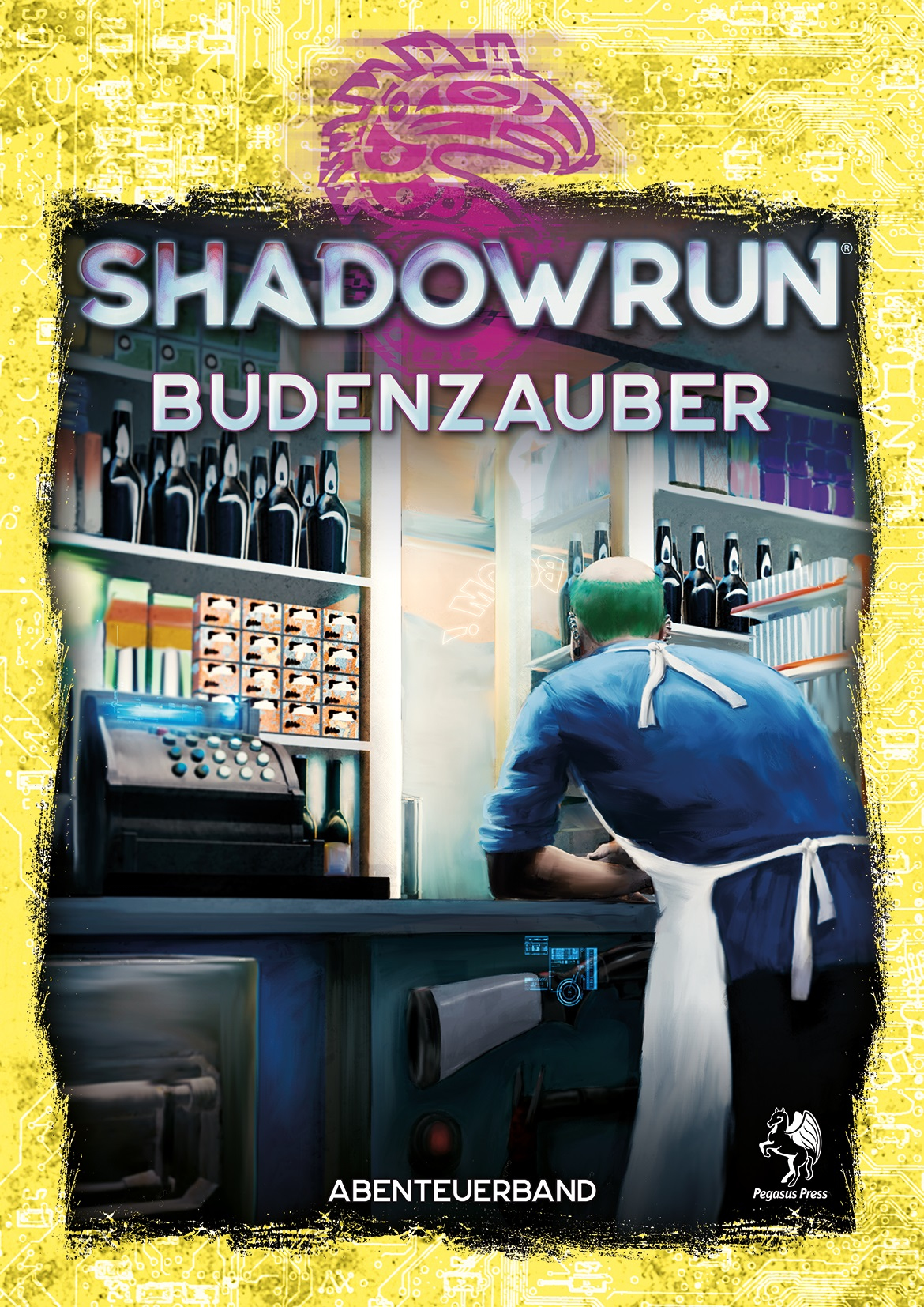 Buchcover von Shadowrun Budenzauber. Ein Mann steht hinter einer Theke mit Flaschen. Eine Kasse ist im Vordergrund.