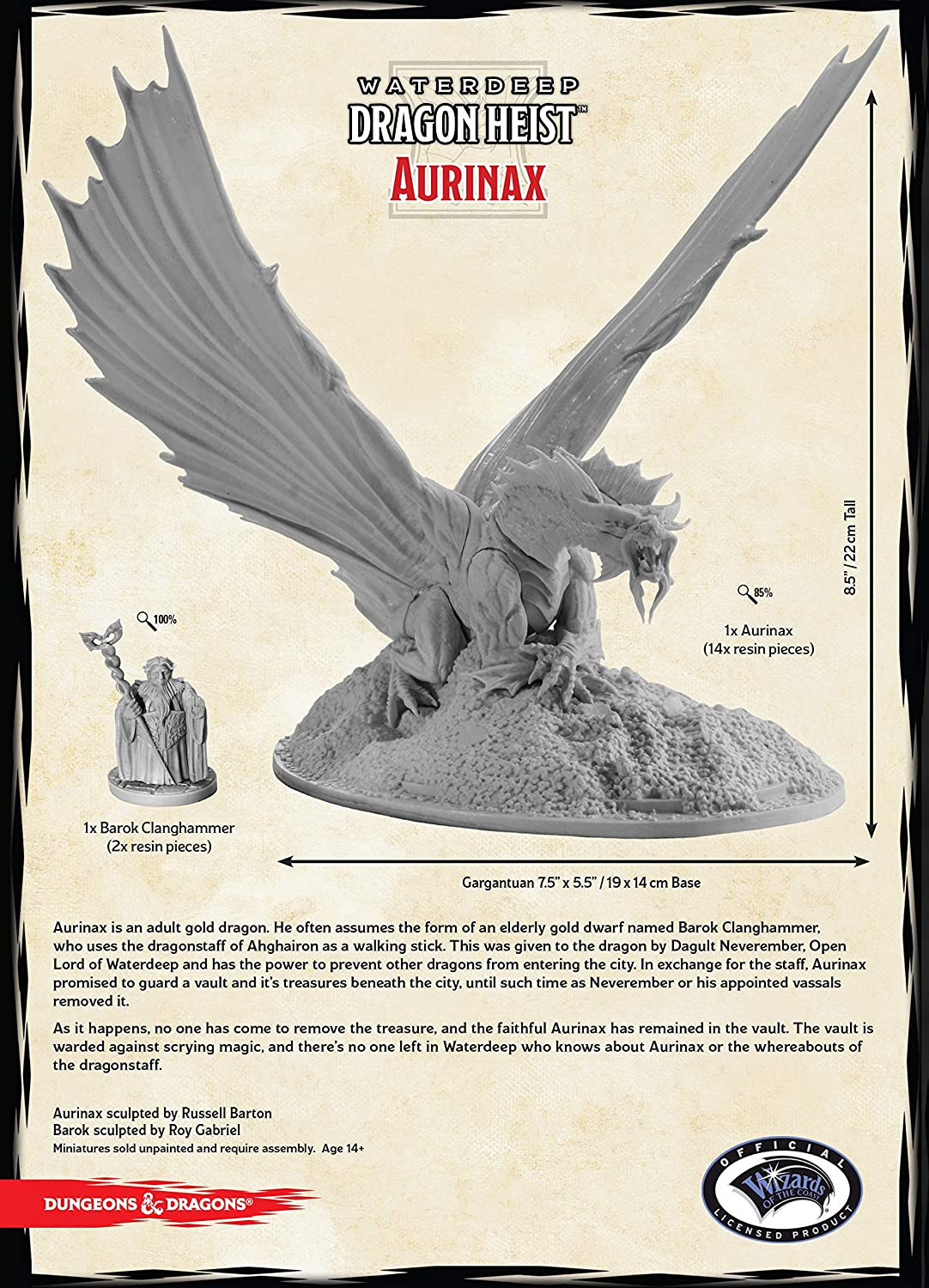 Weißer Hintergrund mit Text, der die Aurinax-Drachenminiatur von Dungeons & Dragons beschreibt.