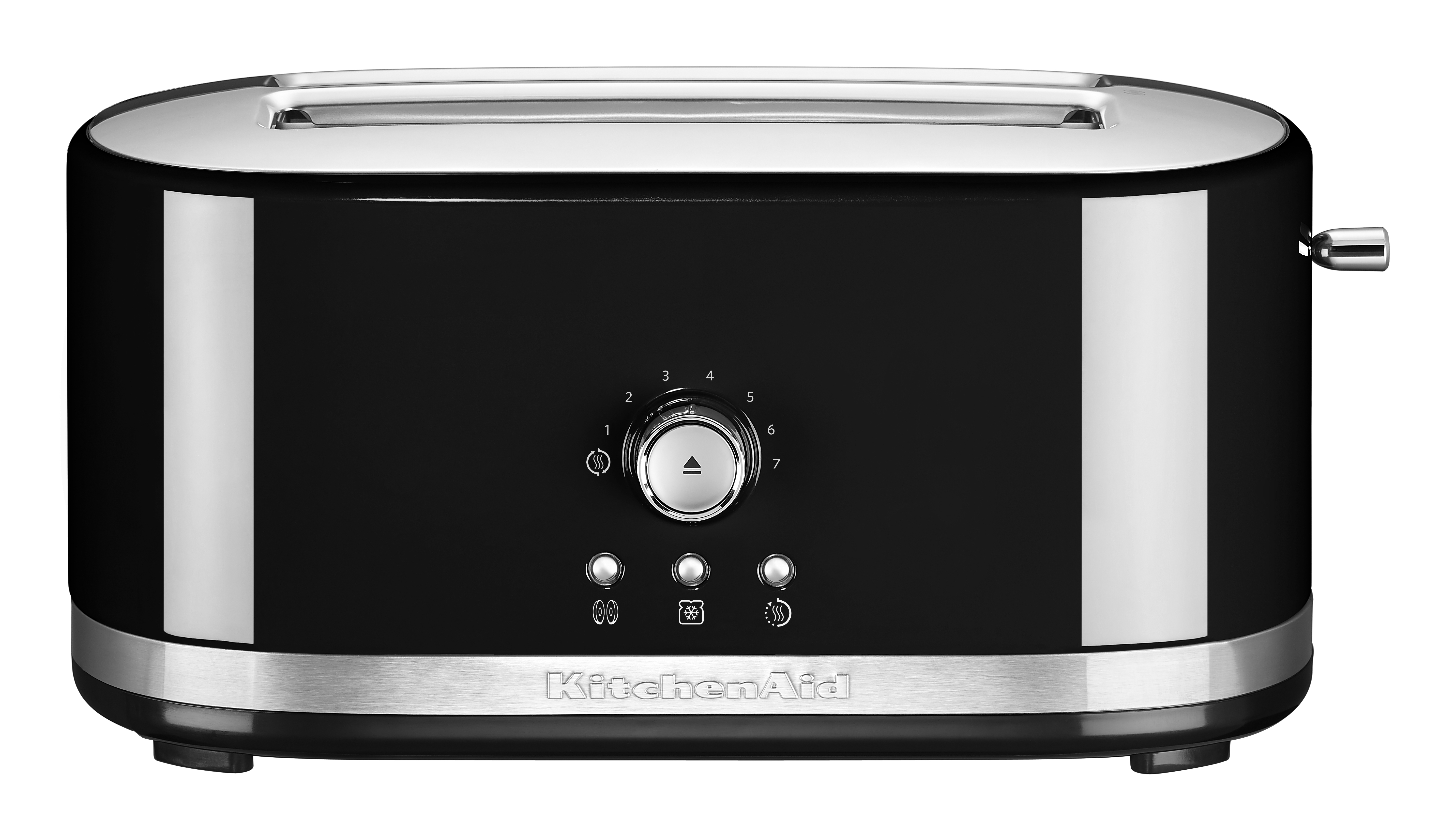 Schwarzer Toaster mit Drehknopf und Knöpfen. Silberne Akzente. Weißer Hintergrund.