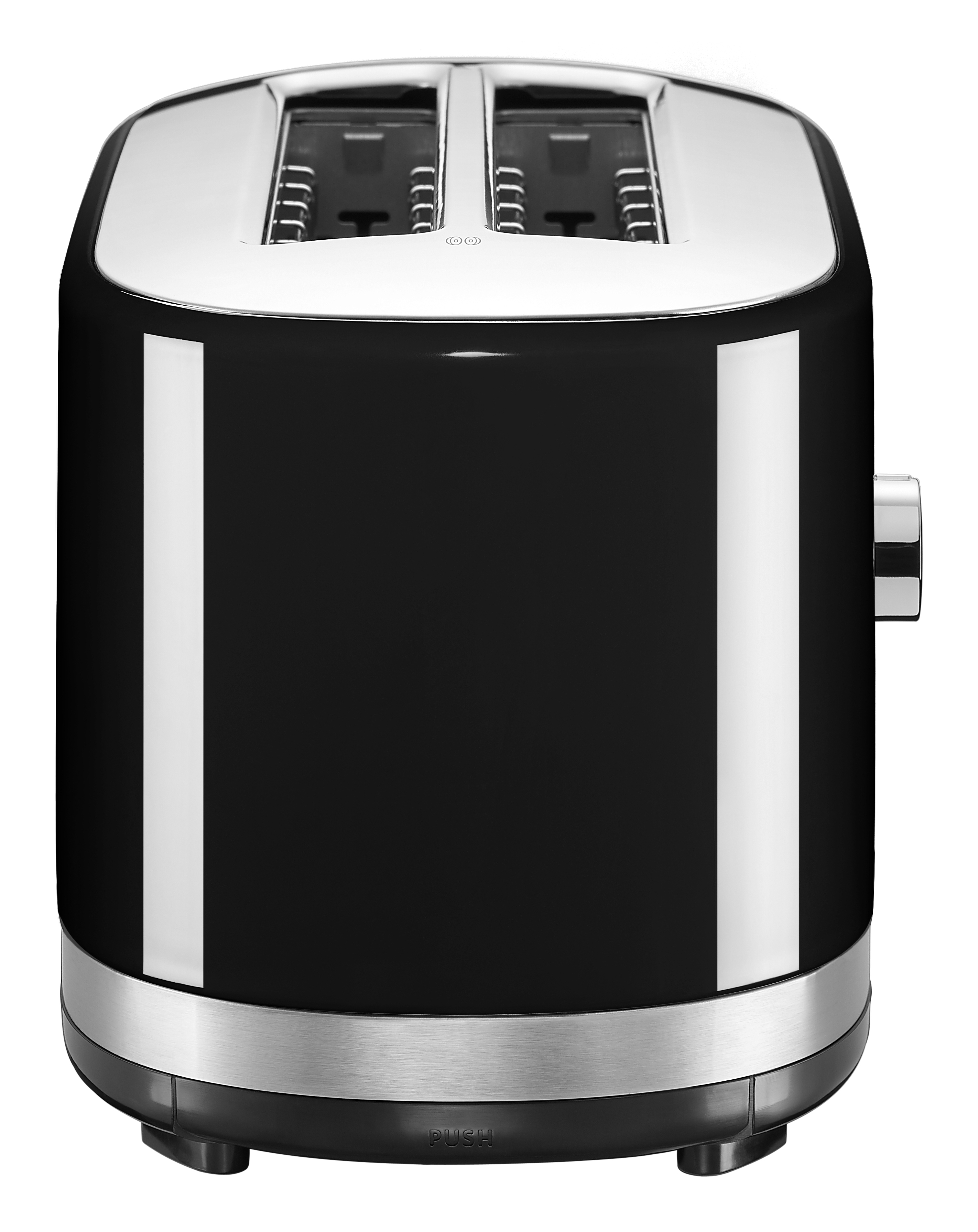 Schwarzer KitchenAid Toaster. Zwei Schlitze, Chromverkleidung, Auswurftaste. Schwarze Basis.