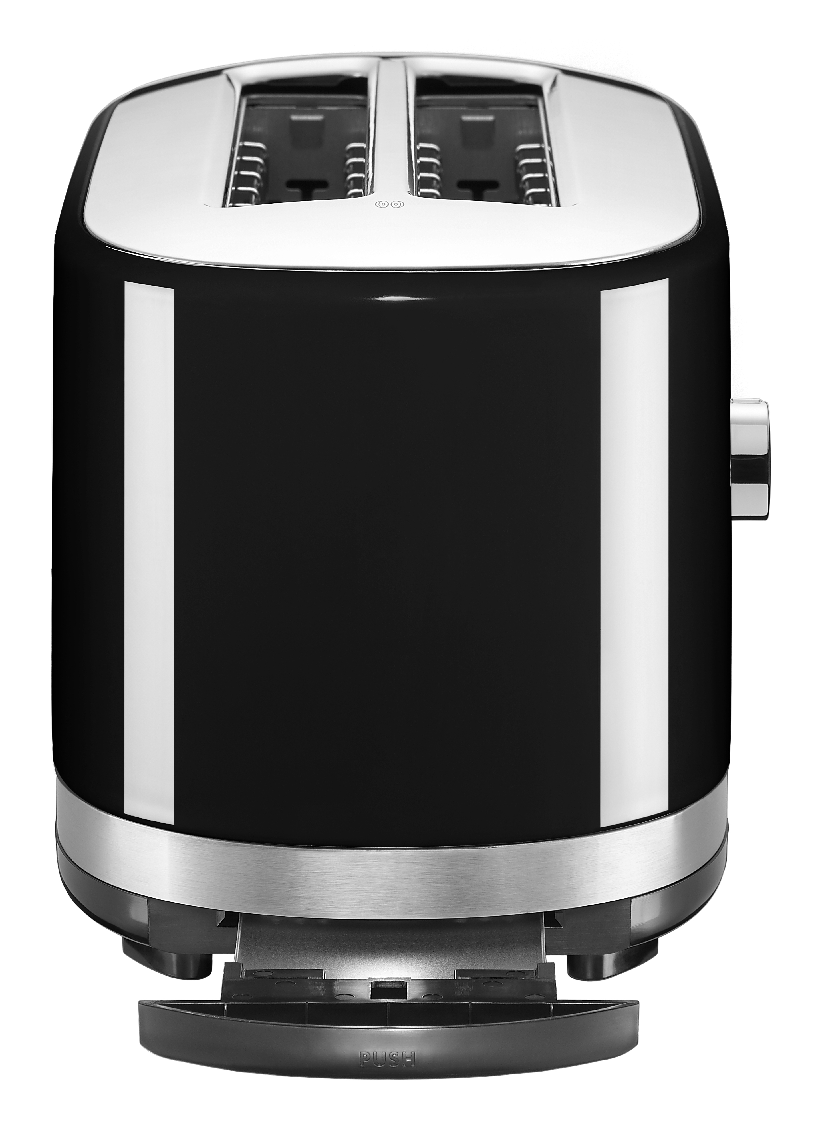 Schwarzer KitchenAid Toaster. Zwei Schlitze. Chromverkleidung vorne. Hebel und Auswurftaste.