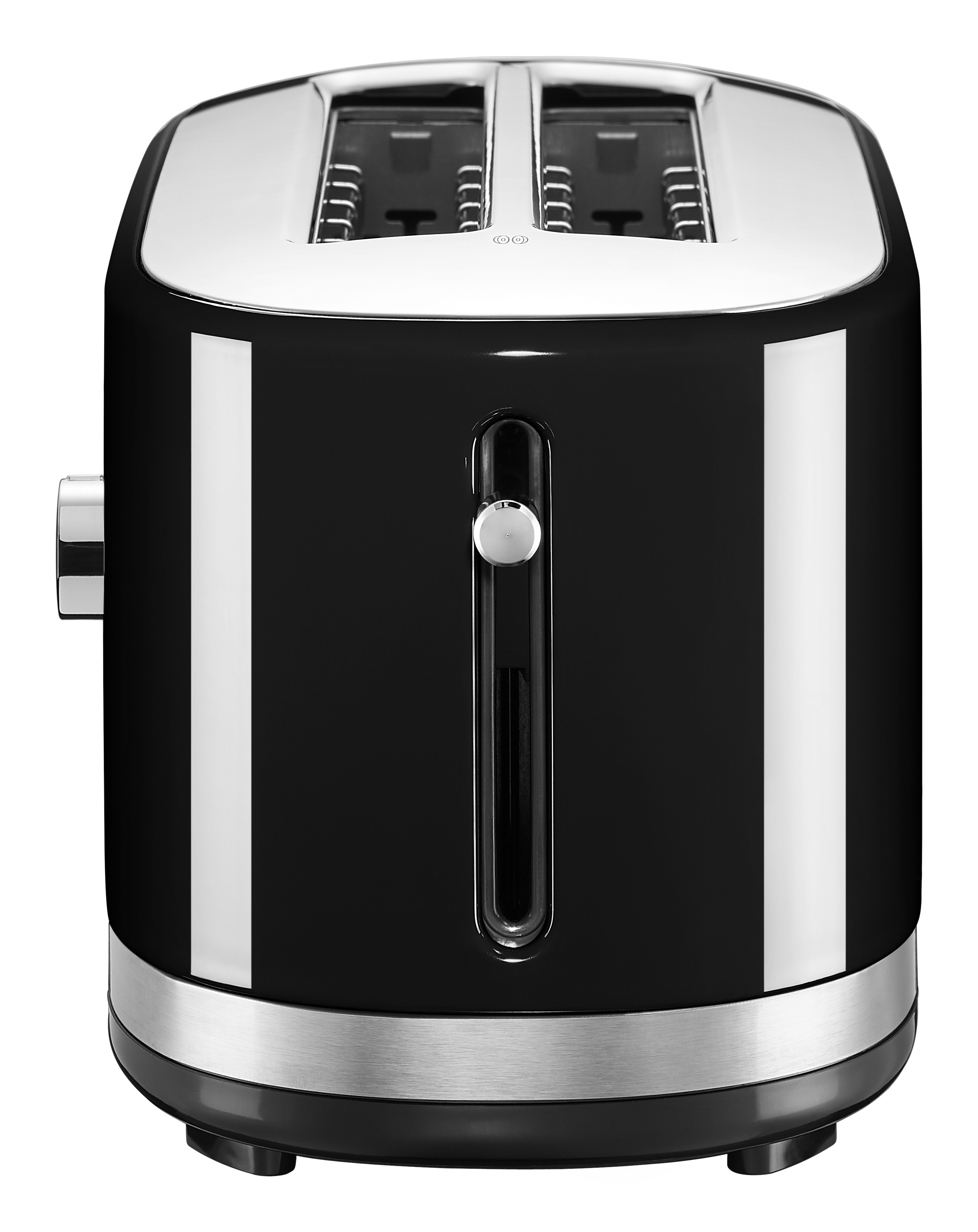 Schwarzer Toaster mit zwei Schlitzen. Silberne Akzente oben und unten. Weißer Hintergrund.
