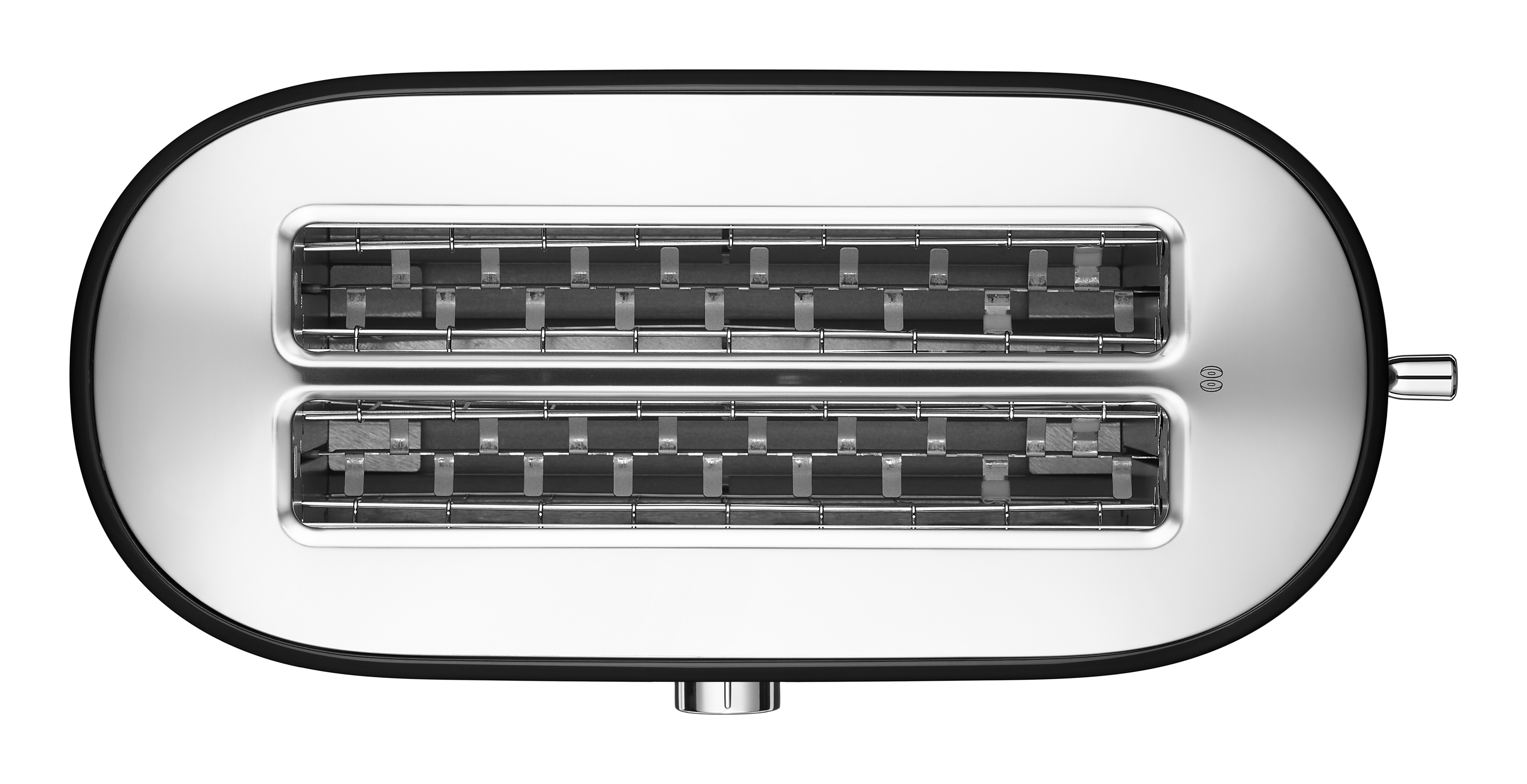 Draufsicht auf einen schwarz-silbernen Toaster mit zwei Schlitzen. Chrom-Innenraum.