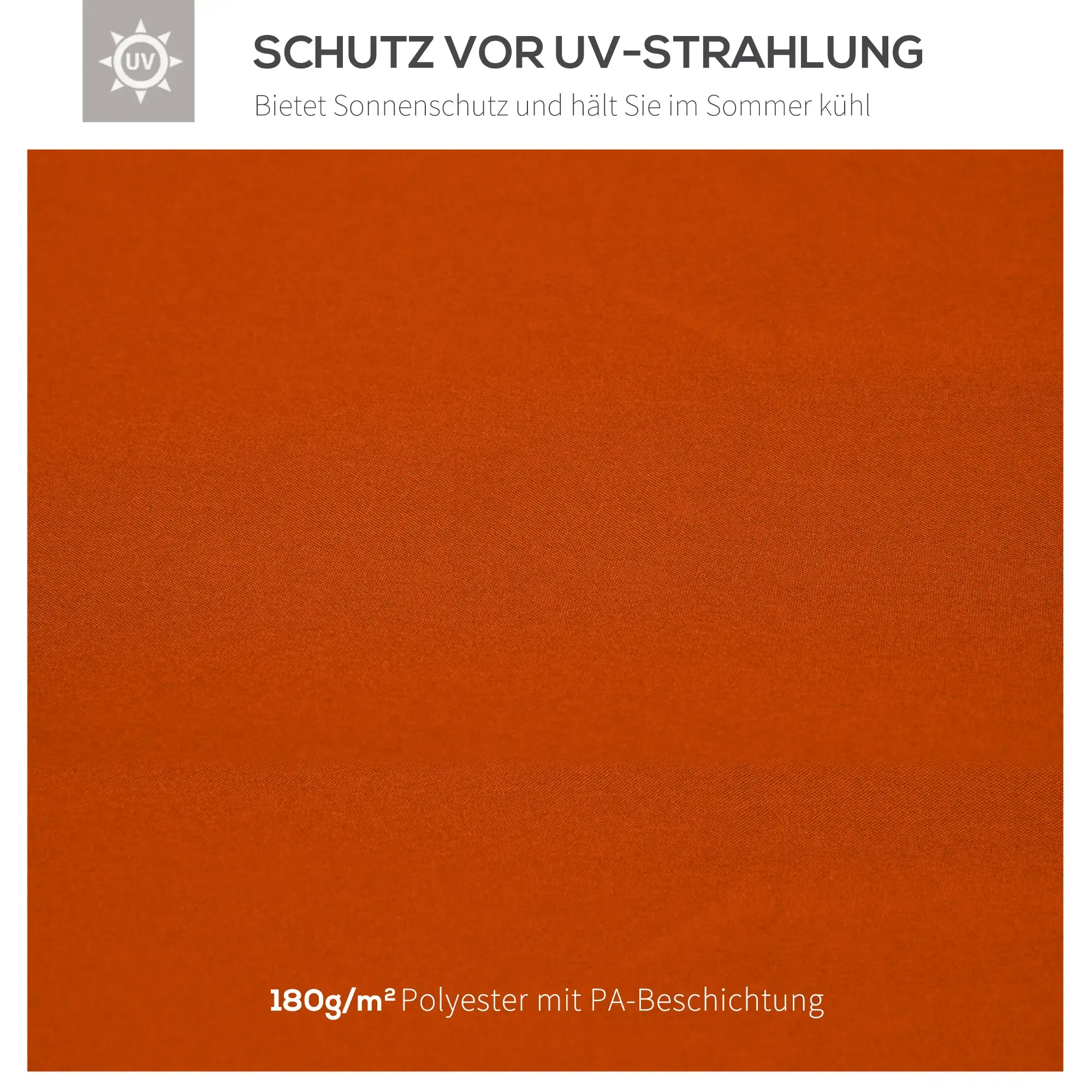 Nahaufnahme von orangefarbenem Stoff mit Text über UV-Schutz und Polyestermaterial.