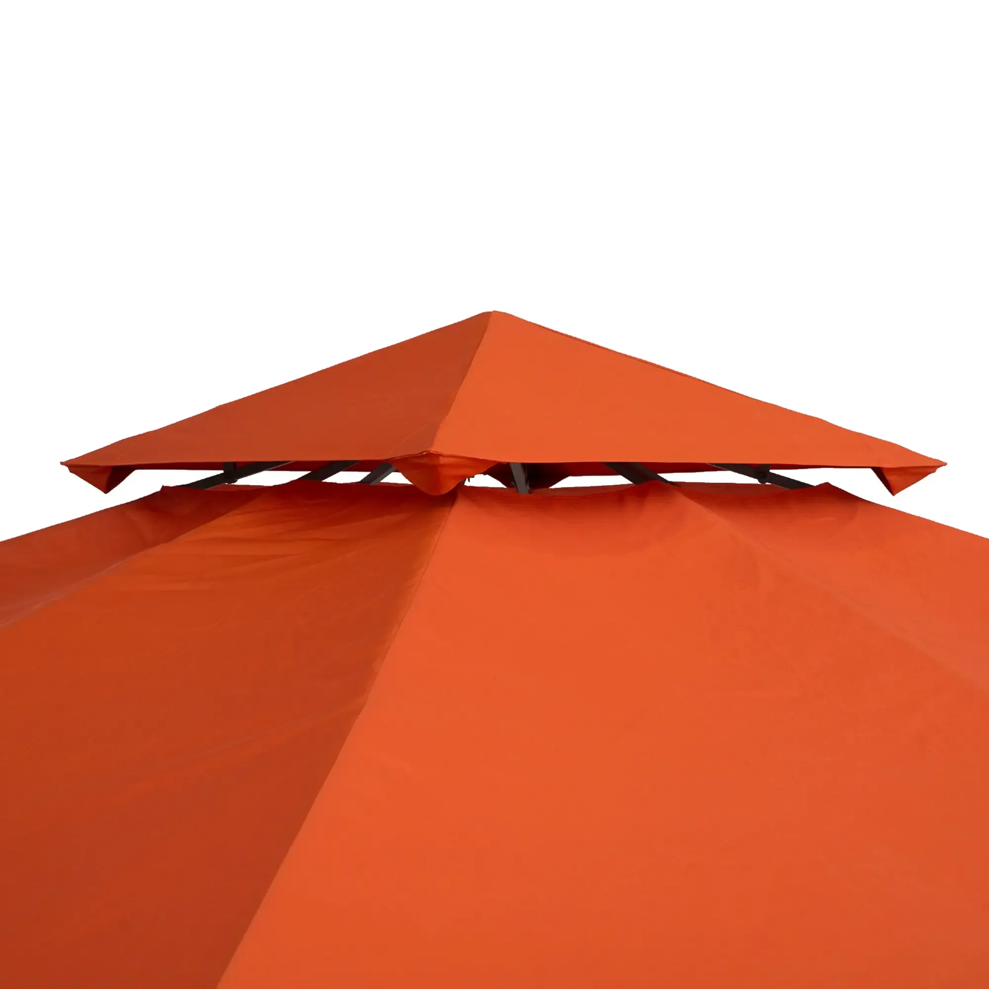 Ein orangefarbenes Pavillondach mit Pyramidenform, isoliert vor weißem Hintergrund.
