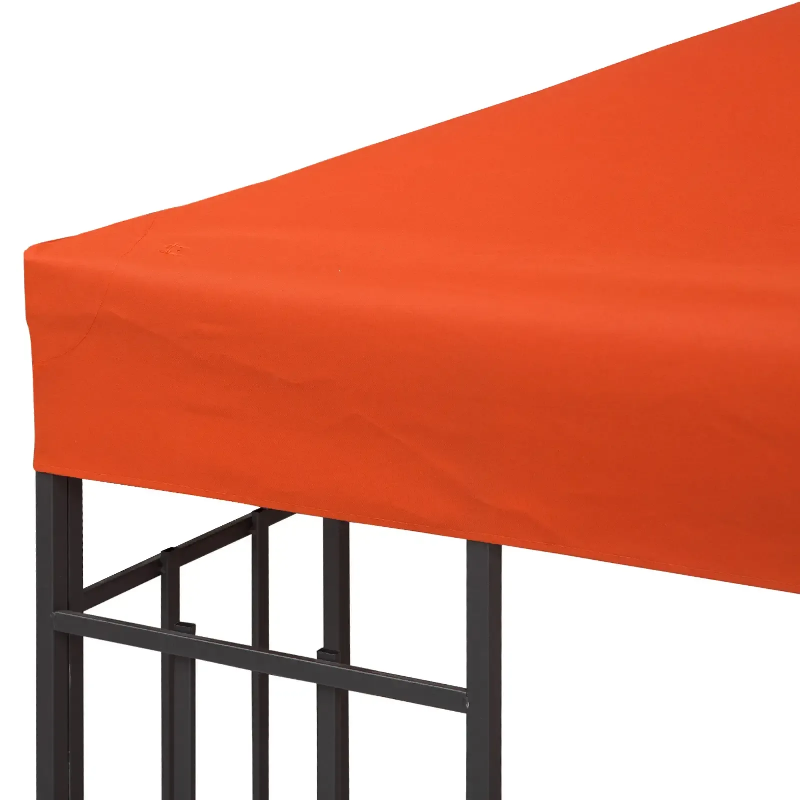 Nahaufnahme eines orangefarbenen Pavillondachs mit Metallrahmen. Der Stoff ist straff gespannt.