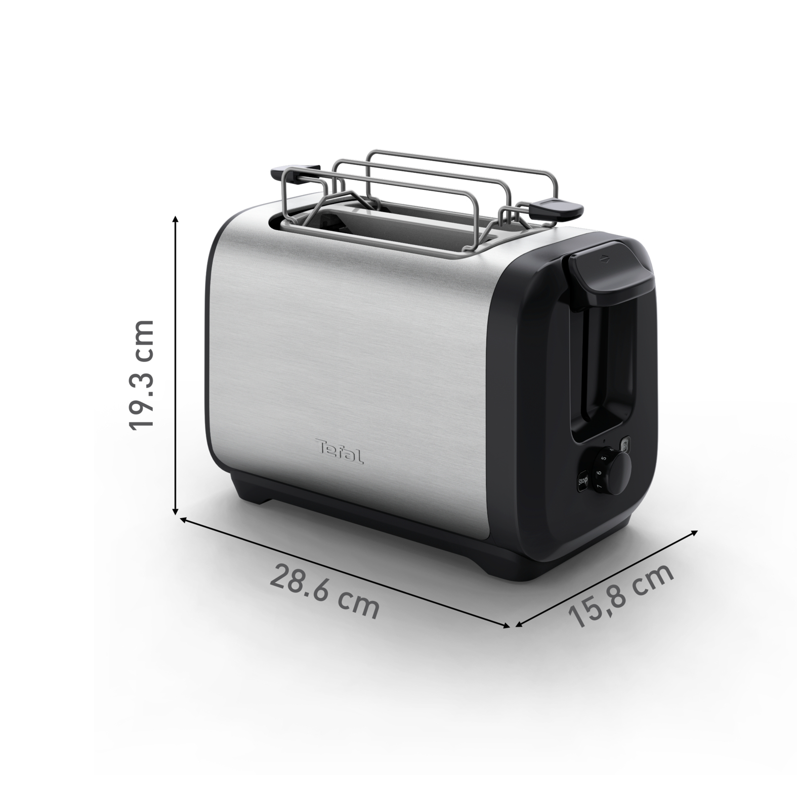 Un grille-pain en acier inoxydable avec des accents noirs. Les dimensions sont indiquées par des flèches : 19,3 cm de hauteur, 28,6 cm de longueur, 15,8 cm de largeur.