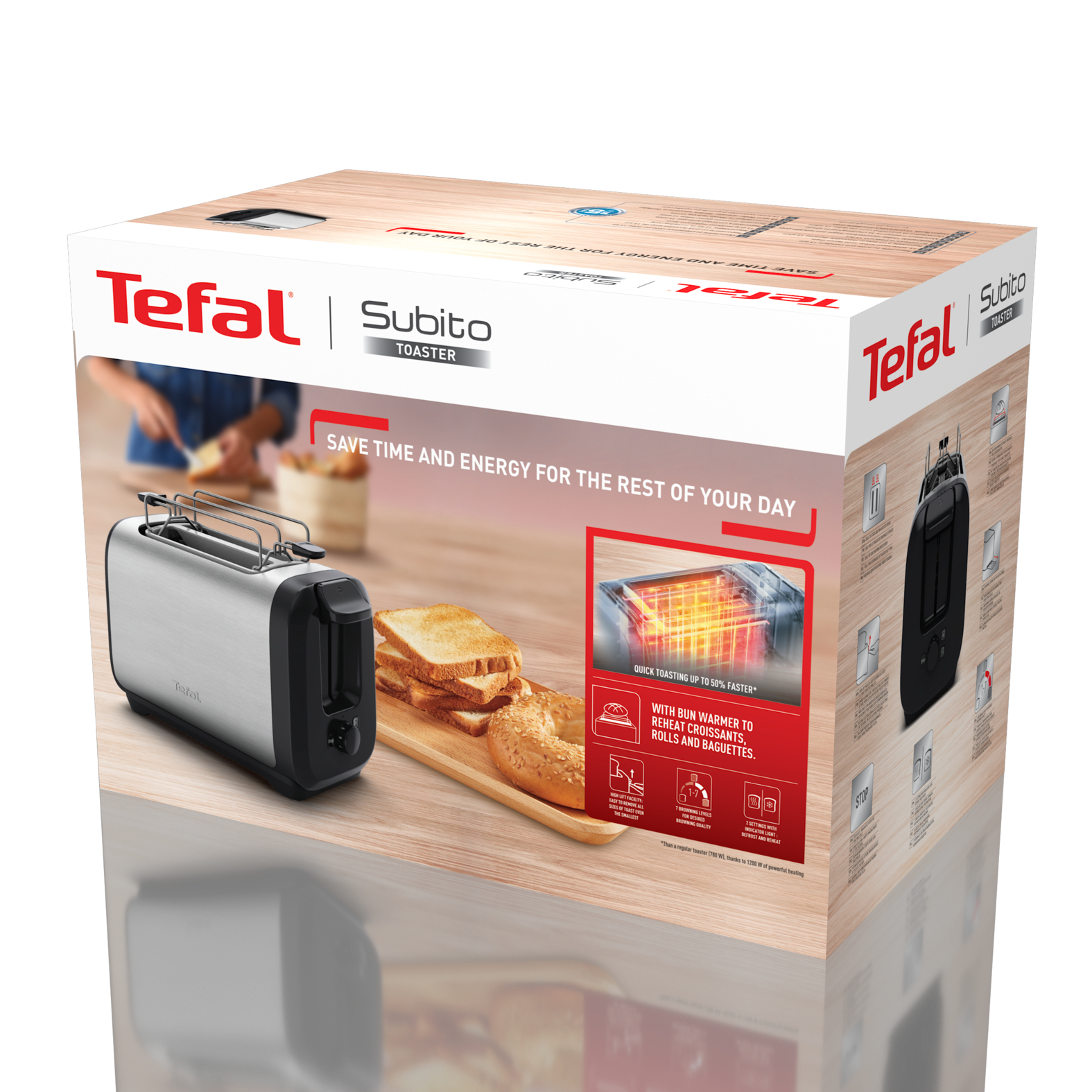 Boîte avec un grille-pain dessus. La boîte a le nom de la marque et les détails du produit.