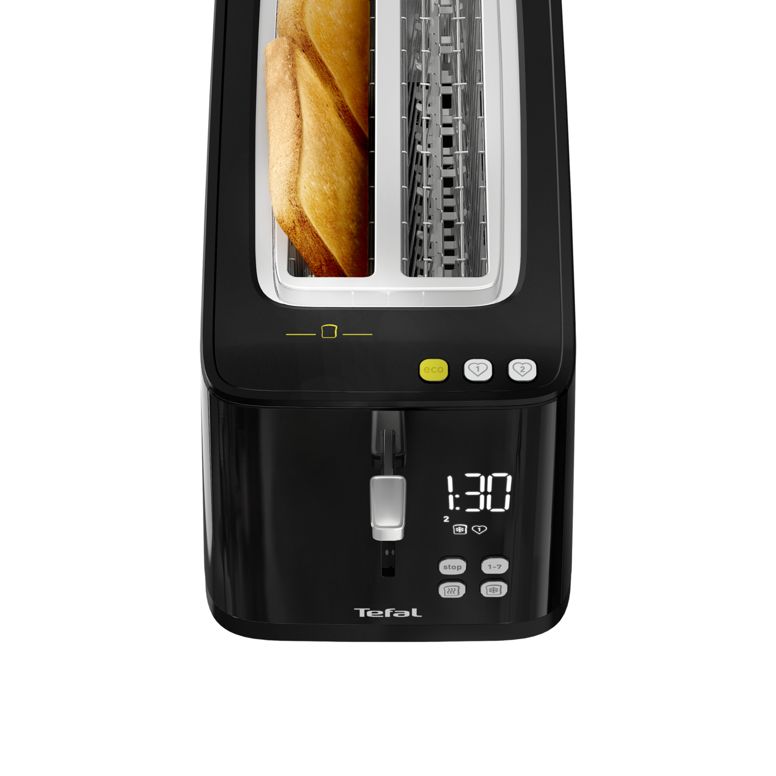 Tostadora Tefal negra con pan dentro. Pantalla digital muestra 1:30. Botones: detener y opciones de tostado. Vista superior.