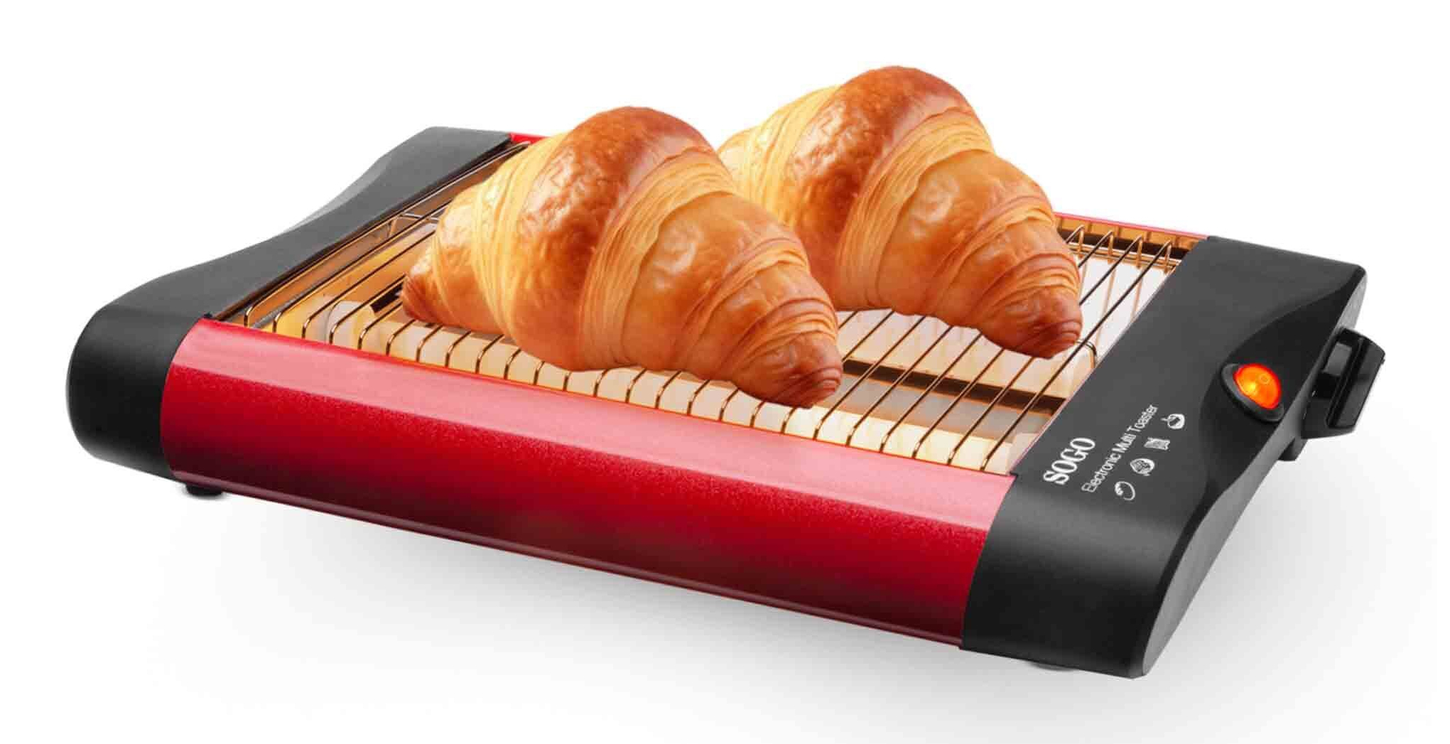 Tostapane rosso e nero con due croissant. Il tostapane ha il logo "SOGO" sul lato.