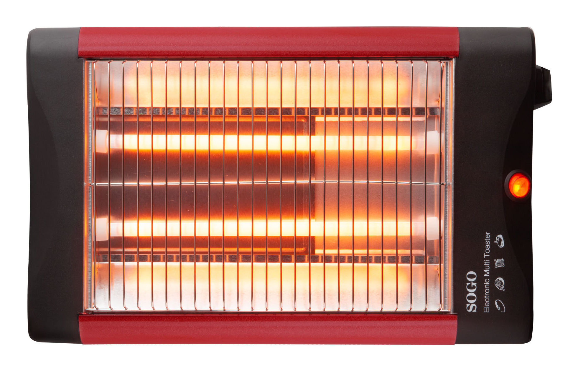 Tostapane rosso e nero con elementi riscaldanti incandescenti. Il tostapane ha il logo "SOGO".