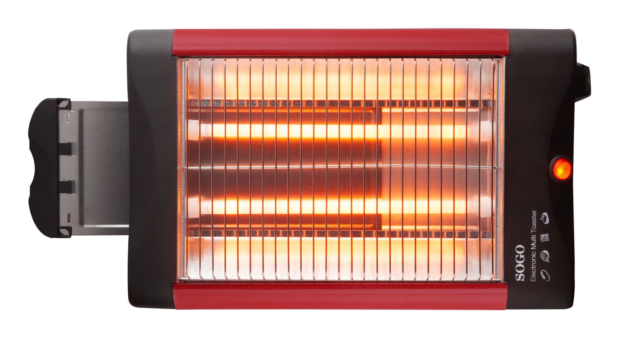 Tostapane rosso e nero con elementi incandescenti e porta pane. Logo "SOGO".