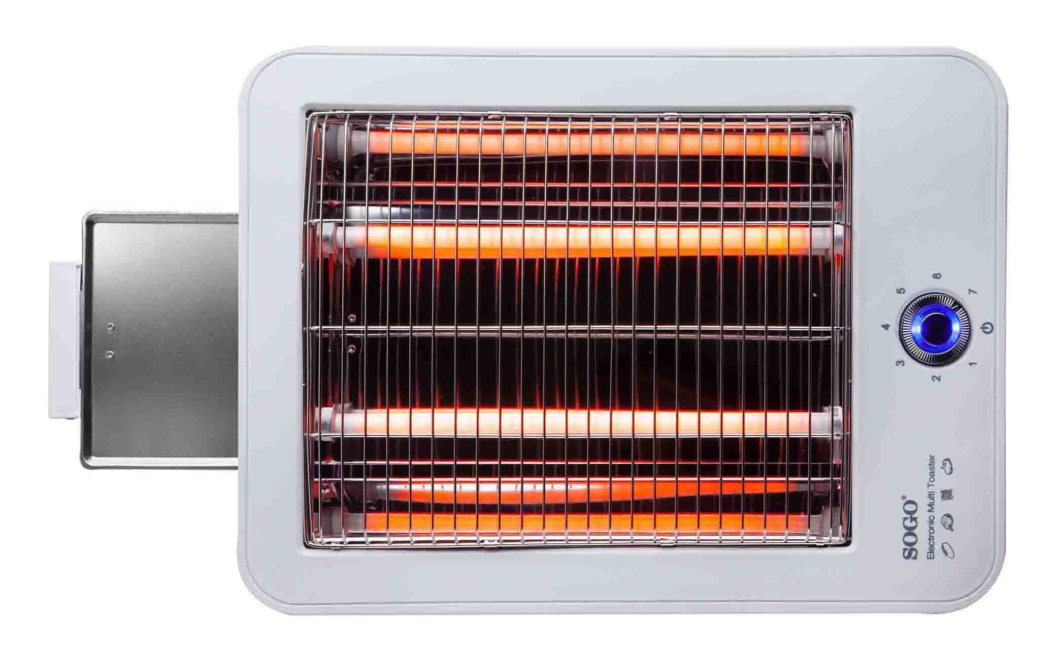 Tostapane bianco con elementi riscaldanti incandescenti. Un quadrante per controllare la doratura è visibile. Il marchio "SOGO Electronic Multi Toaster".