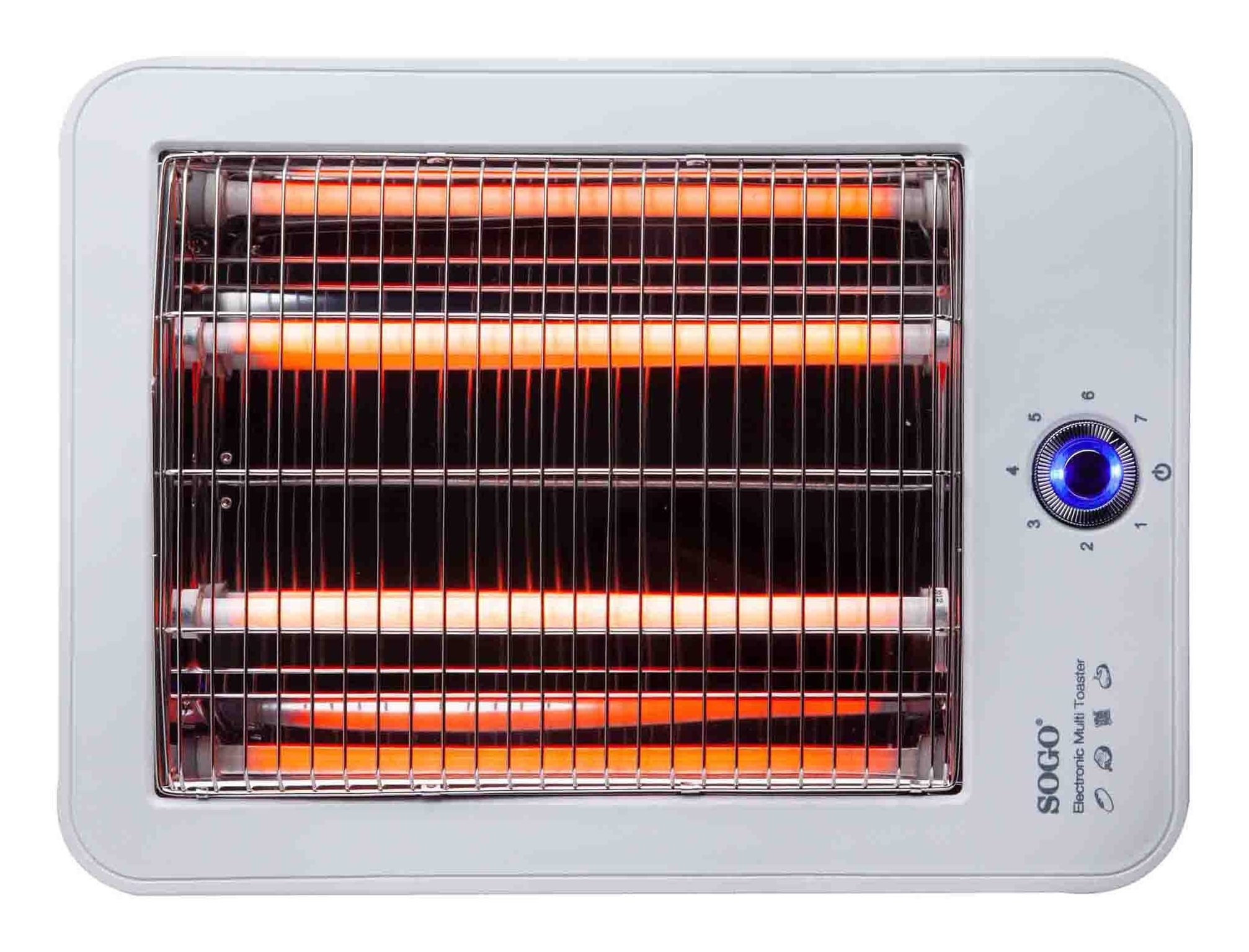 Tostapane bianco e grigio con elementi incandescenti. Con un quadrante di controllo.