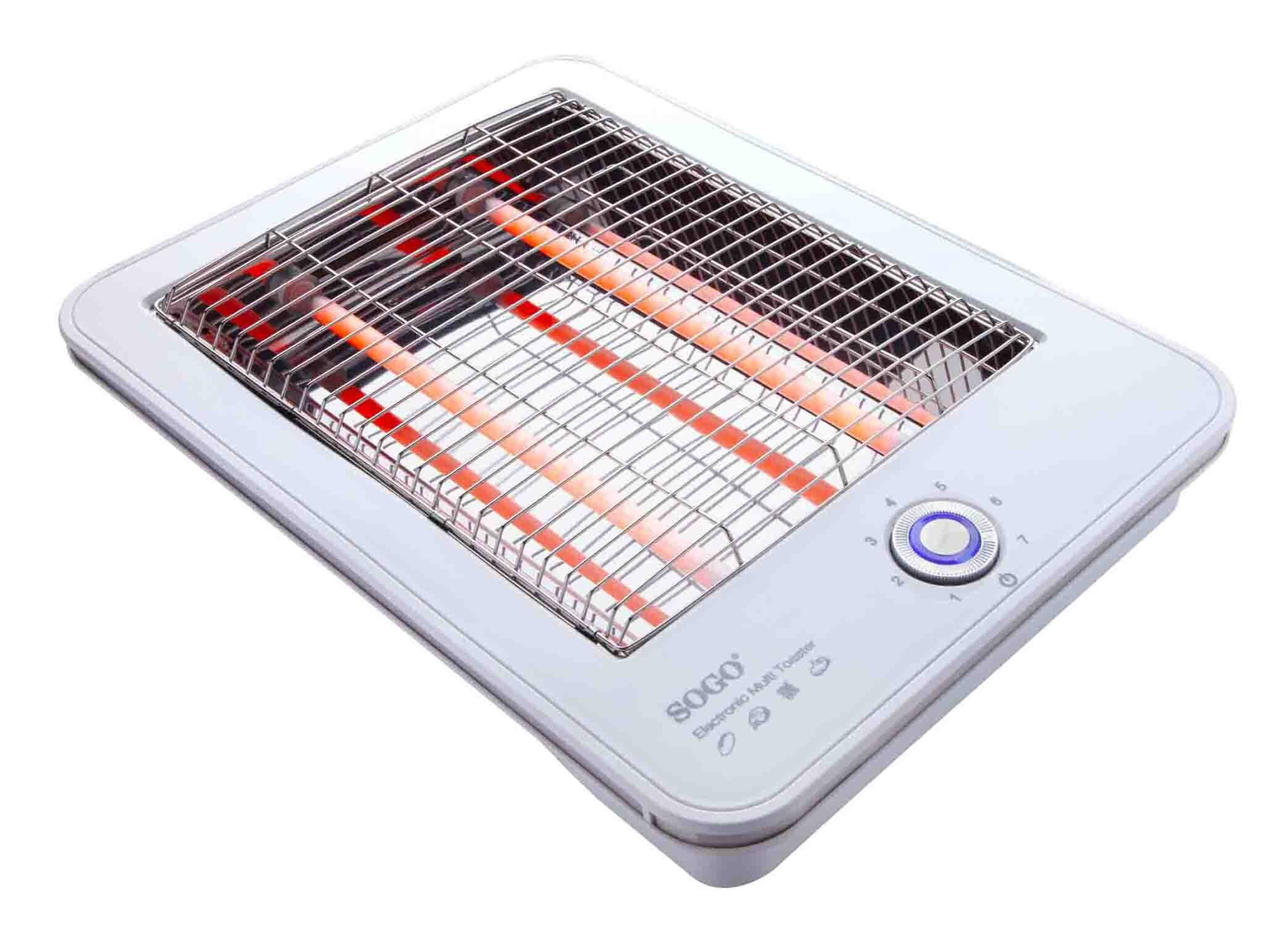 Tostapane bianco con elementi riscaldanti incandescenti. Un quadrante per controllare la doratura è visibile. Il marchio "SOGO Electronic Multi Toaster".