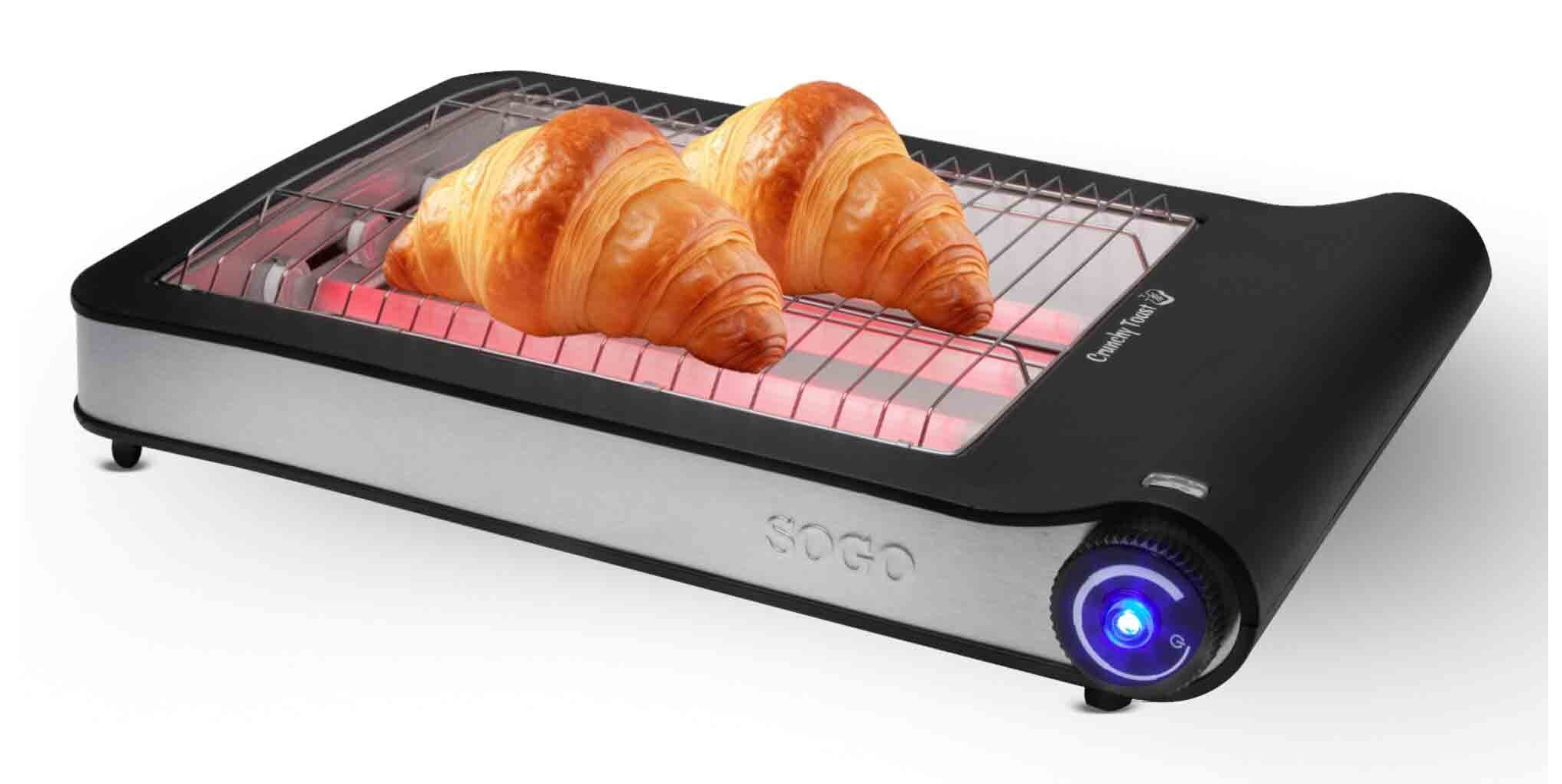 Tostapane nero con croissant. Il logo "SOGO" è sul davanti. Un quadrante con una luce blu è sul lato destro.