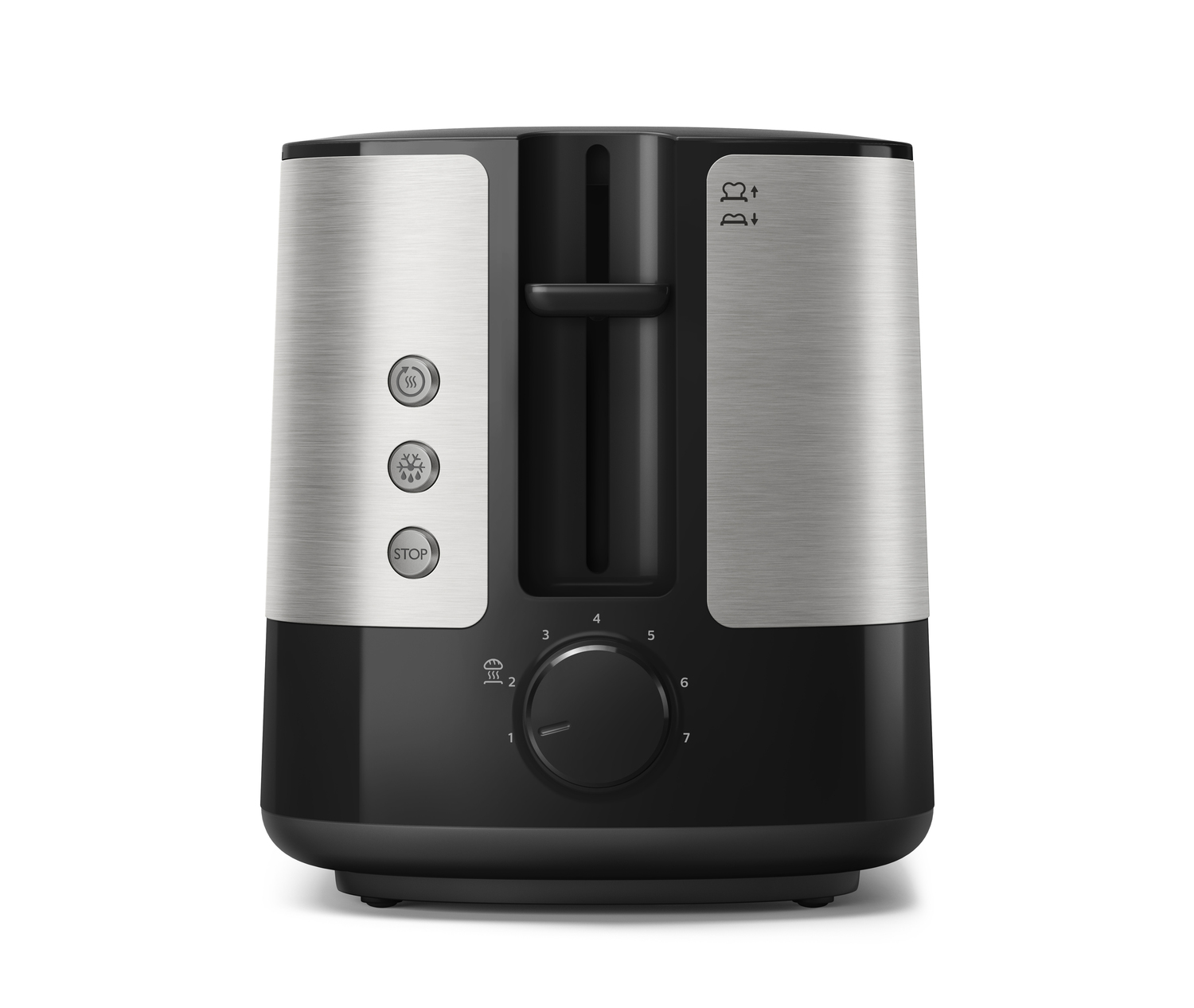 Un tostapane Philips argento e nero con comandi e fessure. Base nera.