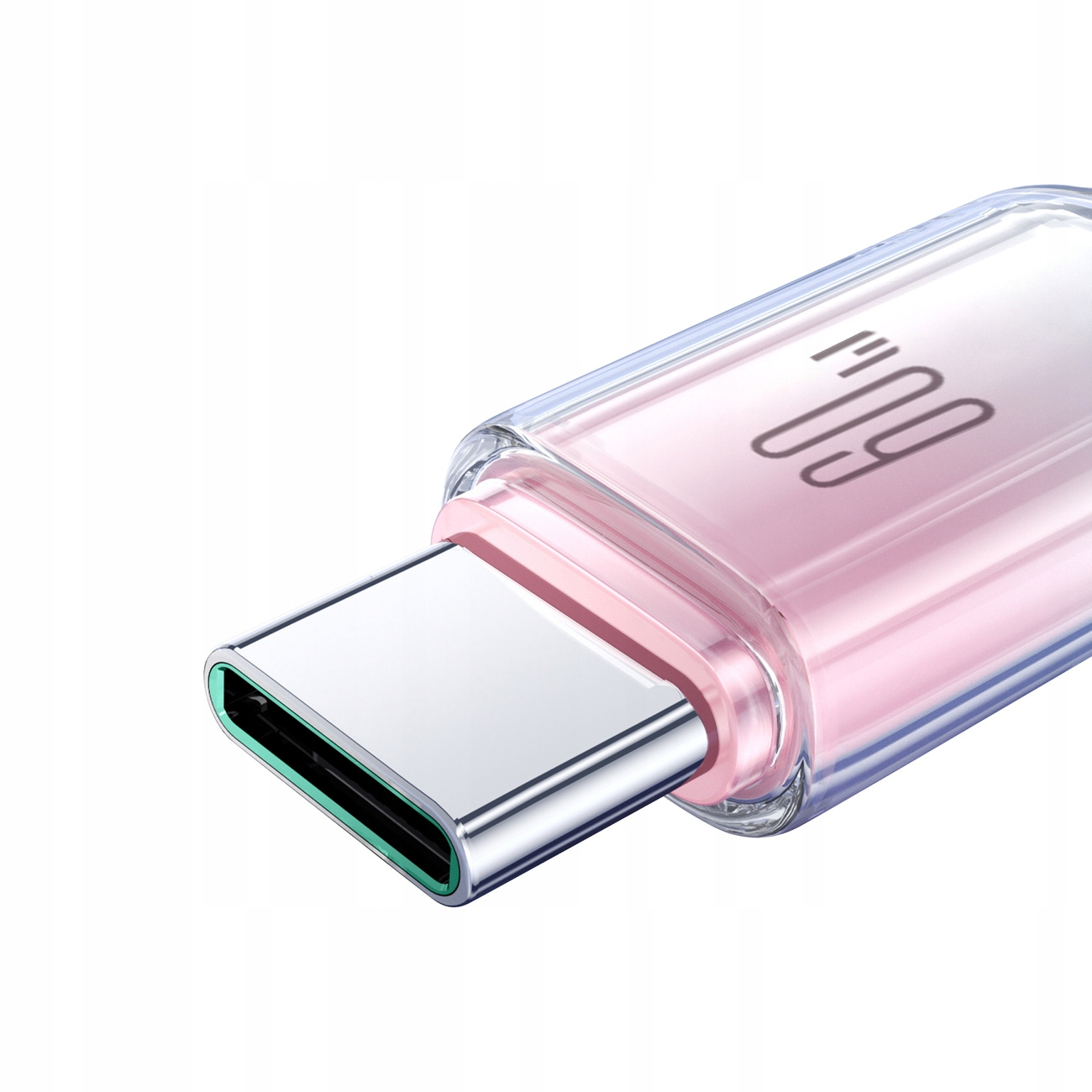 Nahaufnahme eines USB-C-Anschlusses. Der Anschluss hat einen transparenten, rosa Rahmen und einen silberfarbenen Kontaktbereich.