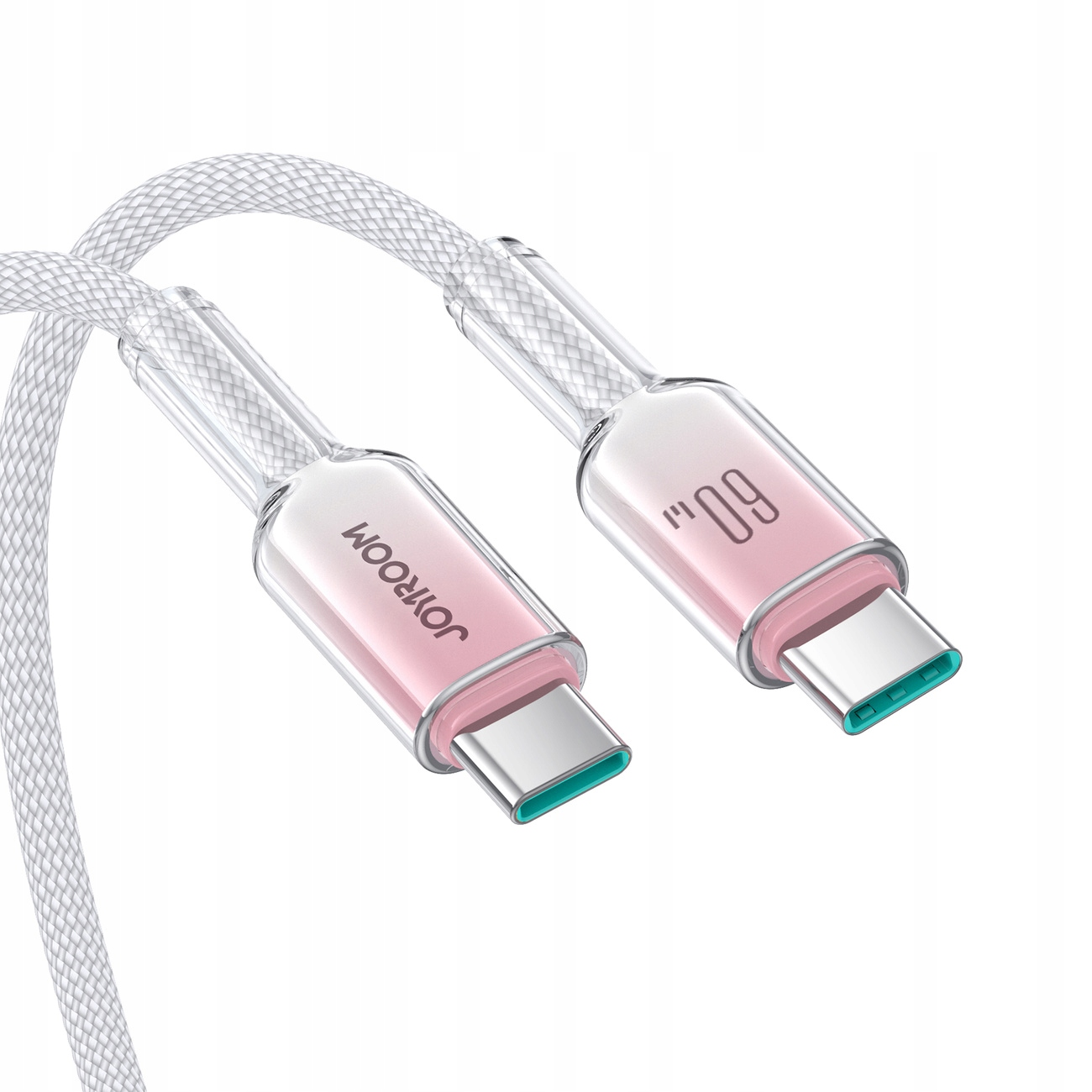USB-C-Ladekabel mit rosa Akzenten, weißes geflochtenes Kabel, Stecker mit '60W'.